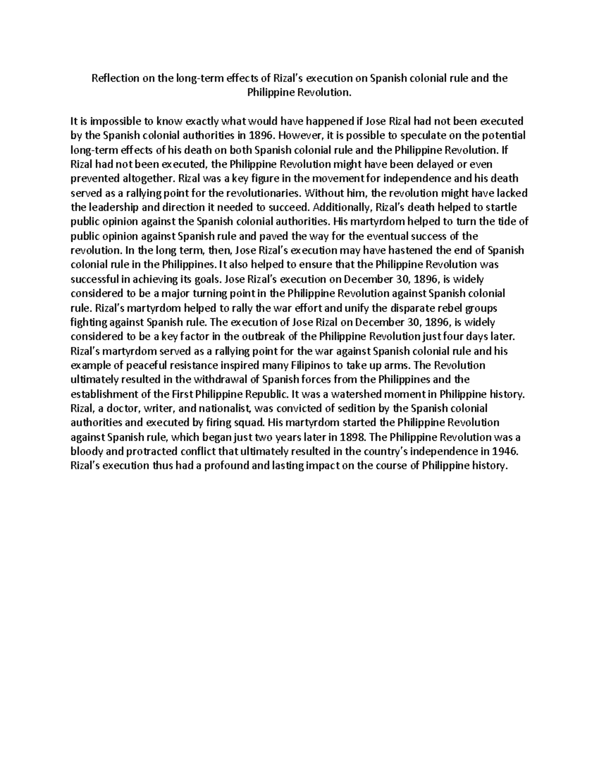 Rizal Finals - Reflection on the long-term effects of Rizal’s execution ...