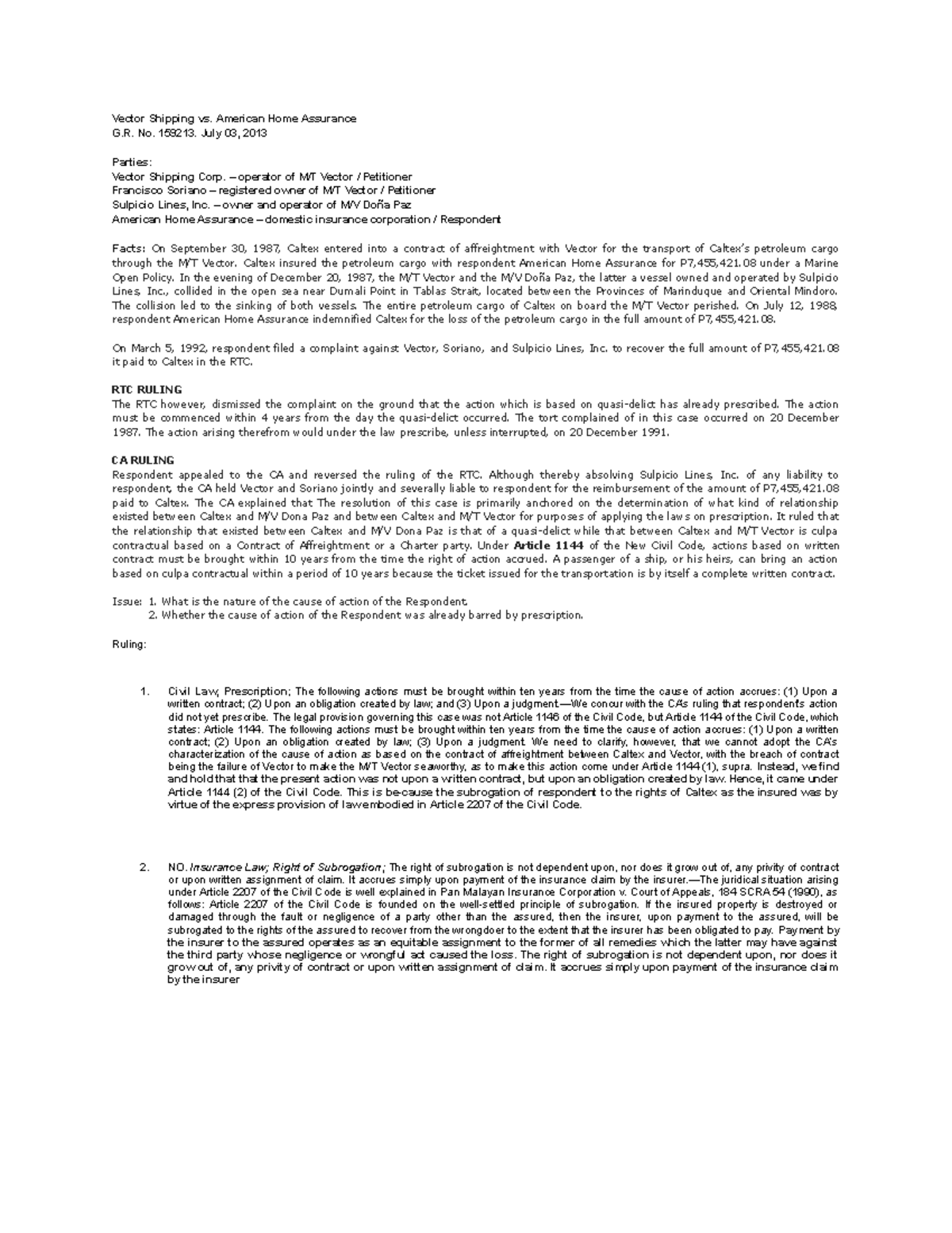 11. Vector Shipping CORP V American HOME Assurance - Vector Shipping vs ...