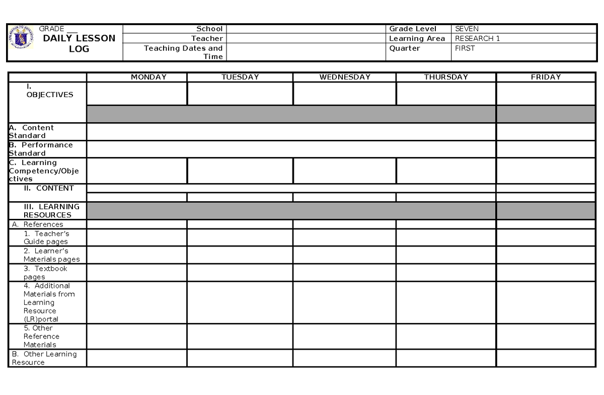 DLL - Template - GRADE ___ DAILY LESSON LOG School Grade Level SEVEN ...