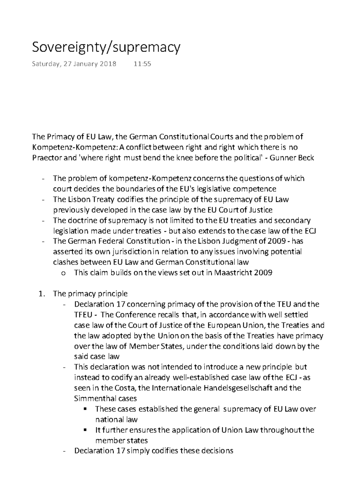 EU Lecture 3 - Sovereignty and supremacy - The Primacy of EU Law, the ...