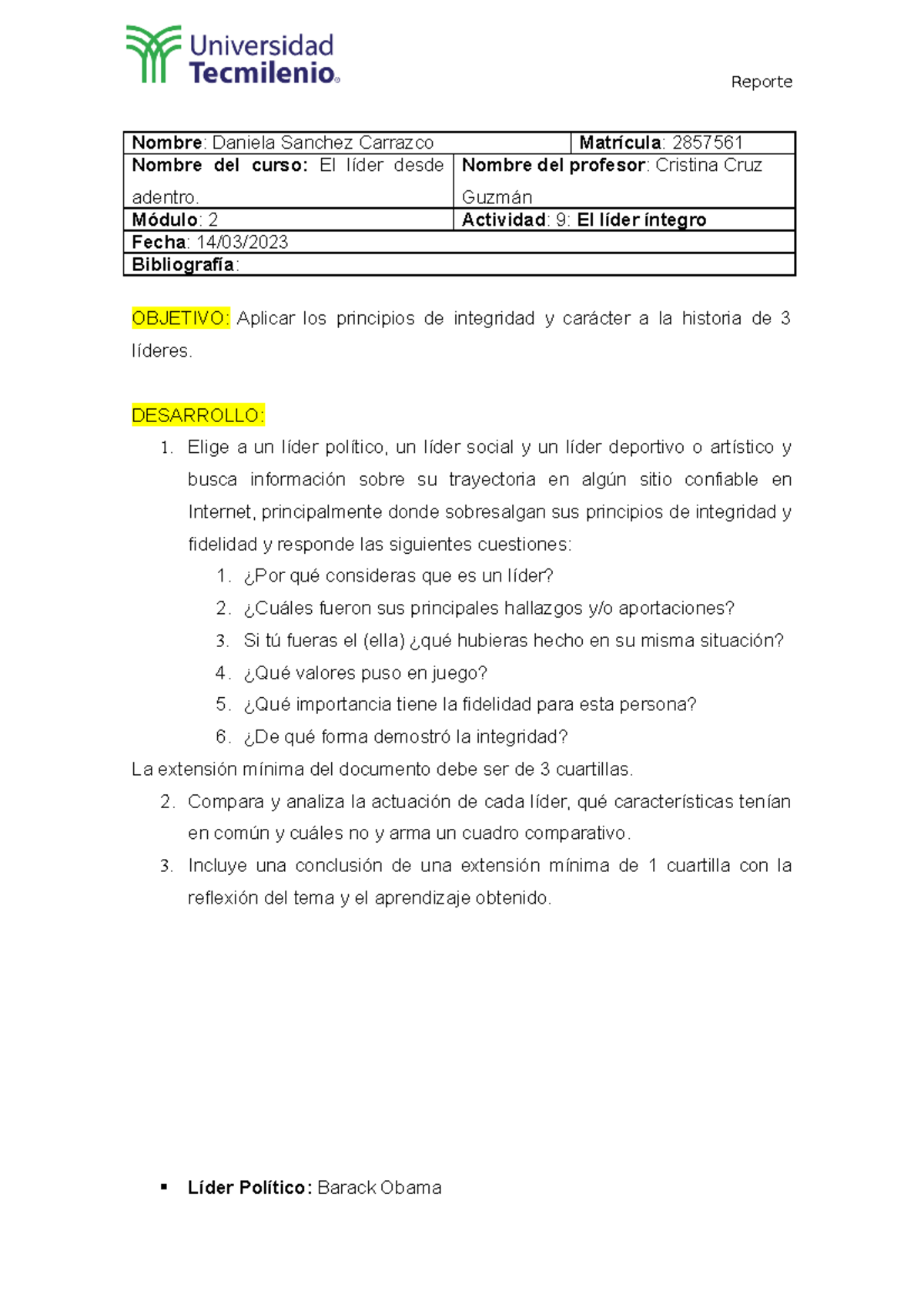 Actividad 9 El lider desde adentro - Nombre: Daniela Sanchez Carrazco ...