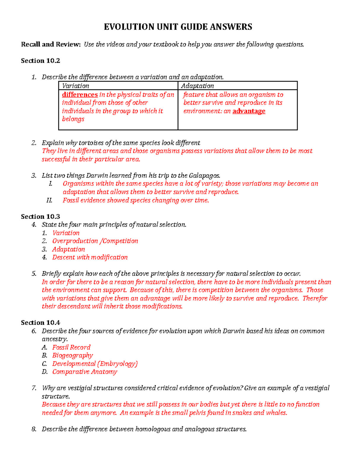 Evolution unit guide answers - EVOLUTION UNIT GUIDE ANSWERS Recall and ...