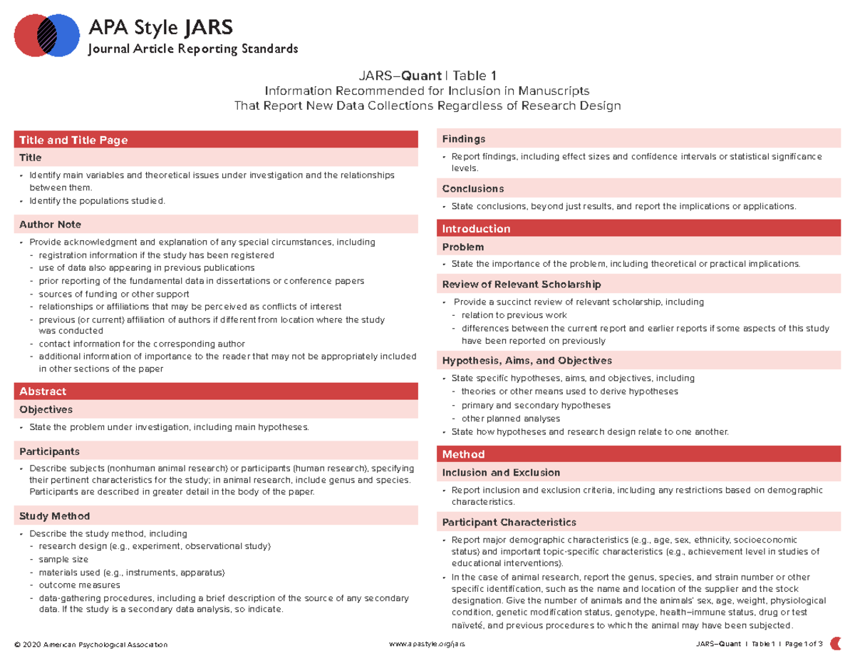 APA style JARS - Quantitative design - © 2020 American Psychological ...