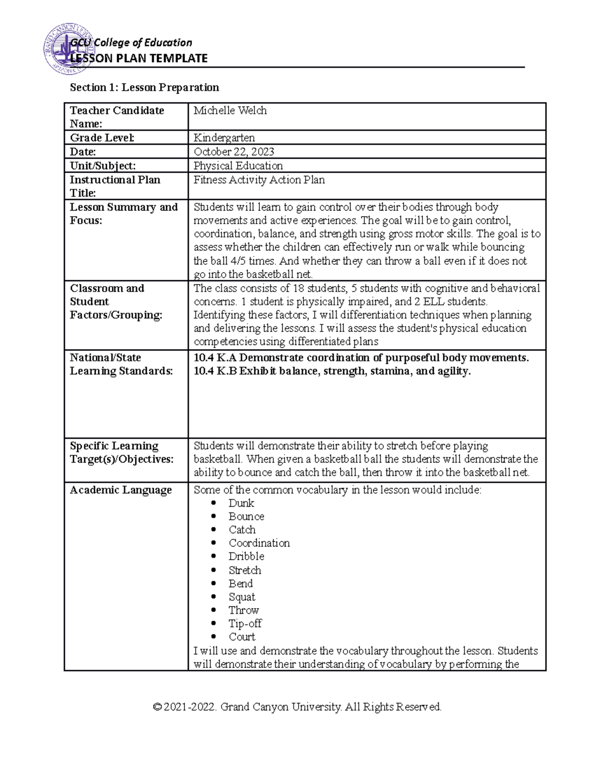 Physical activity lesson plan - LESSON PLAN TEMPLATE Section 1: Lesson ...
