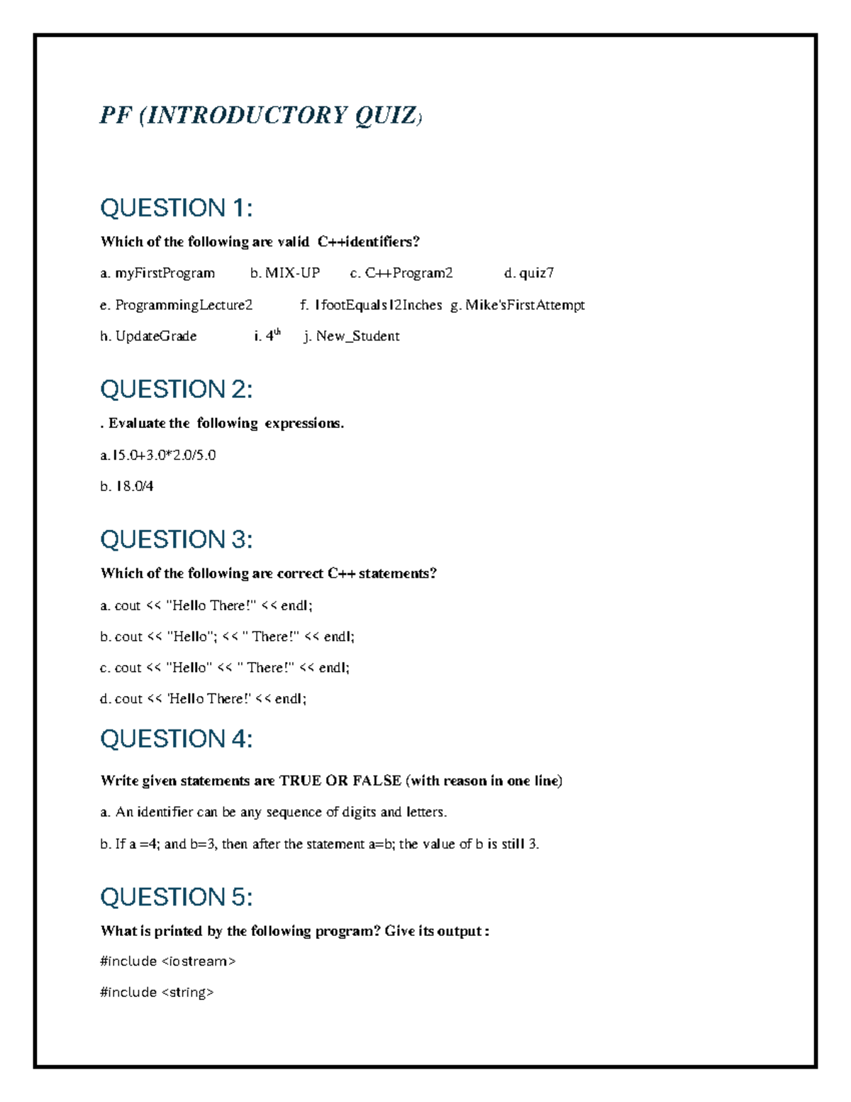 PF Indtroductory Quiz - Quiz for Practice of PF in first semester - PF ...