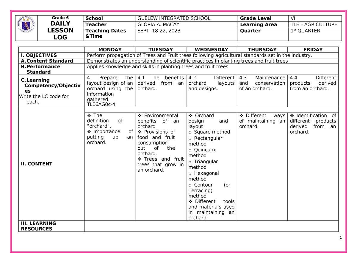 DLL TLE 6 Agriculture SY2023-2024 Sept 18-22 - GRAD E 6 Grade 6 DAILY ...