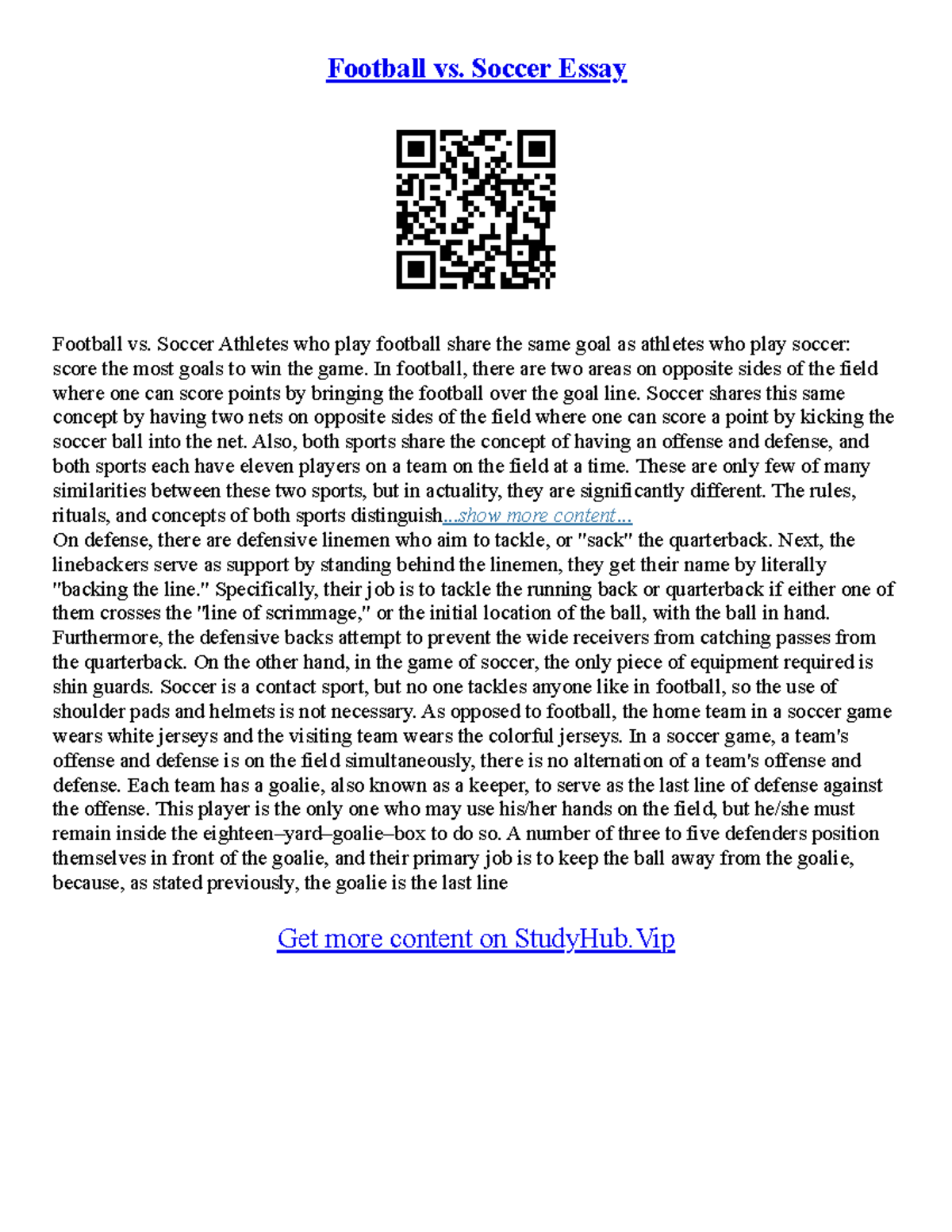 Essay On Soccer Game - Football vs. Soccer Essay Football vs. Soccer ...