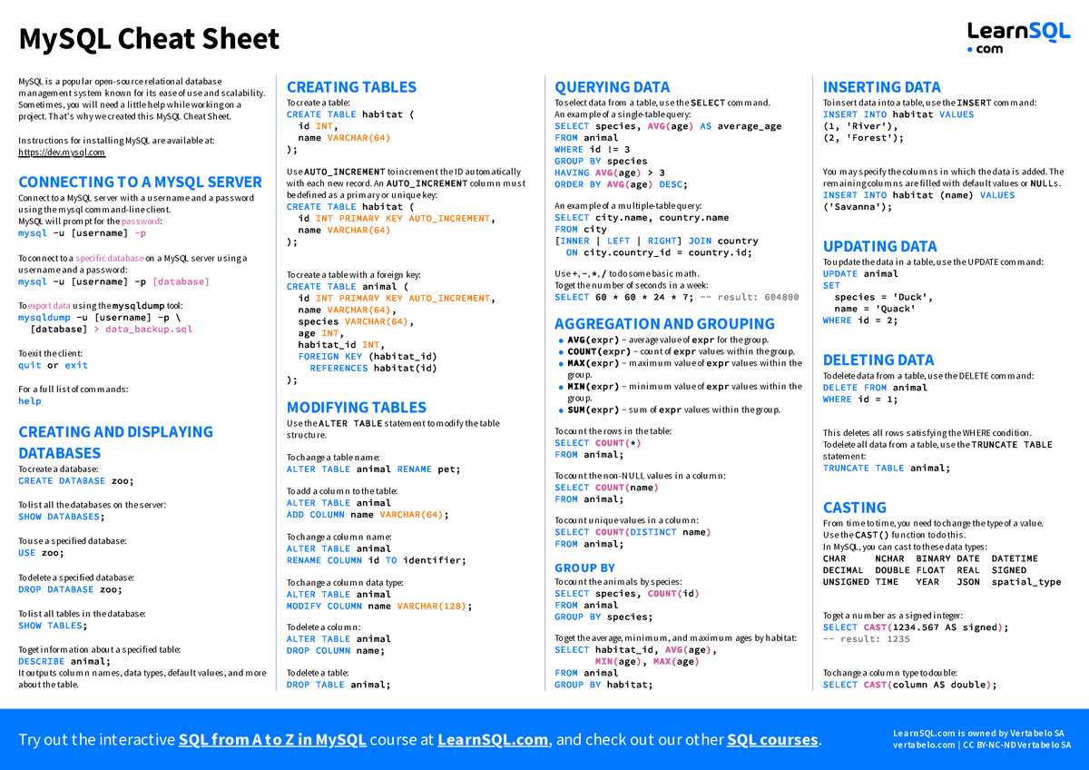 Mysql cheat sheet a4 - Summary Database - MySQL Cheat Sheet MySQL is a ...