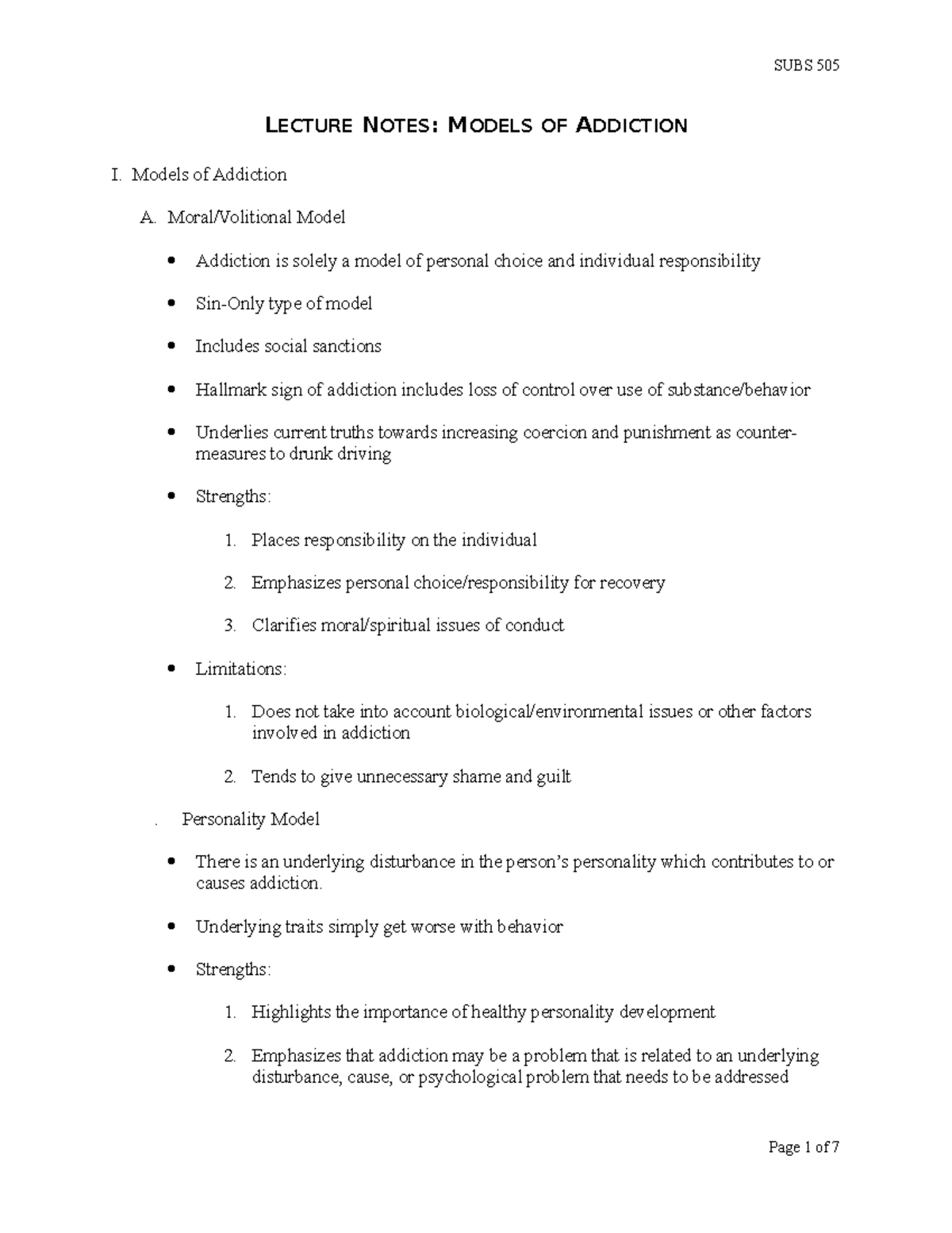 Lecture Notes Models Of Addiction - LECTURE NOTES: MODELS OF ADDICTION ...