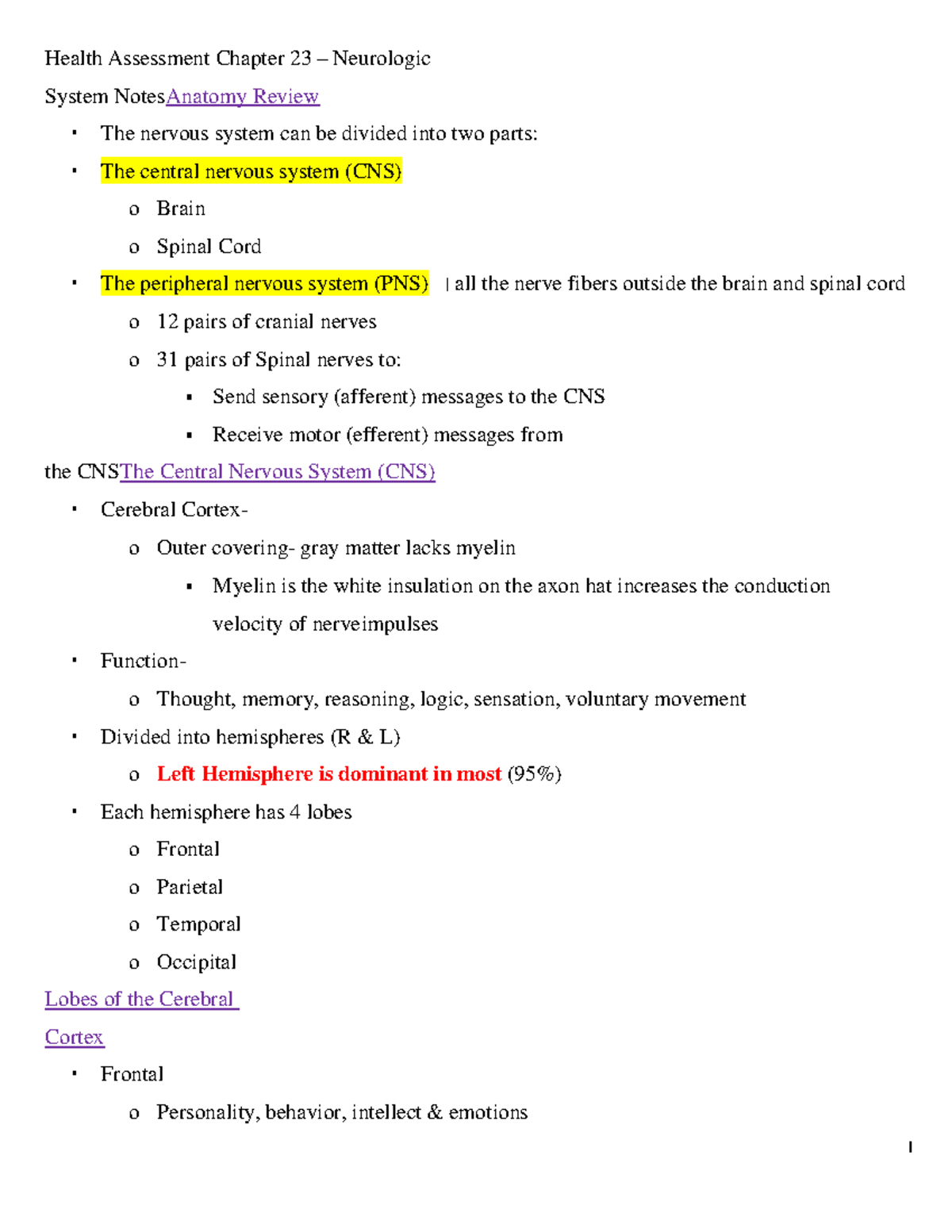 Health Assessment Chapter 23 Neurologic System Notes 1 - Health ...