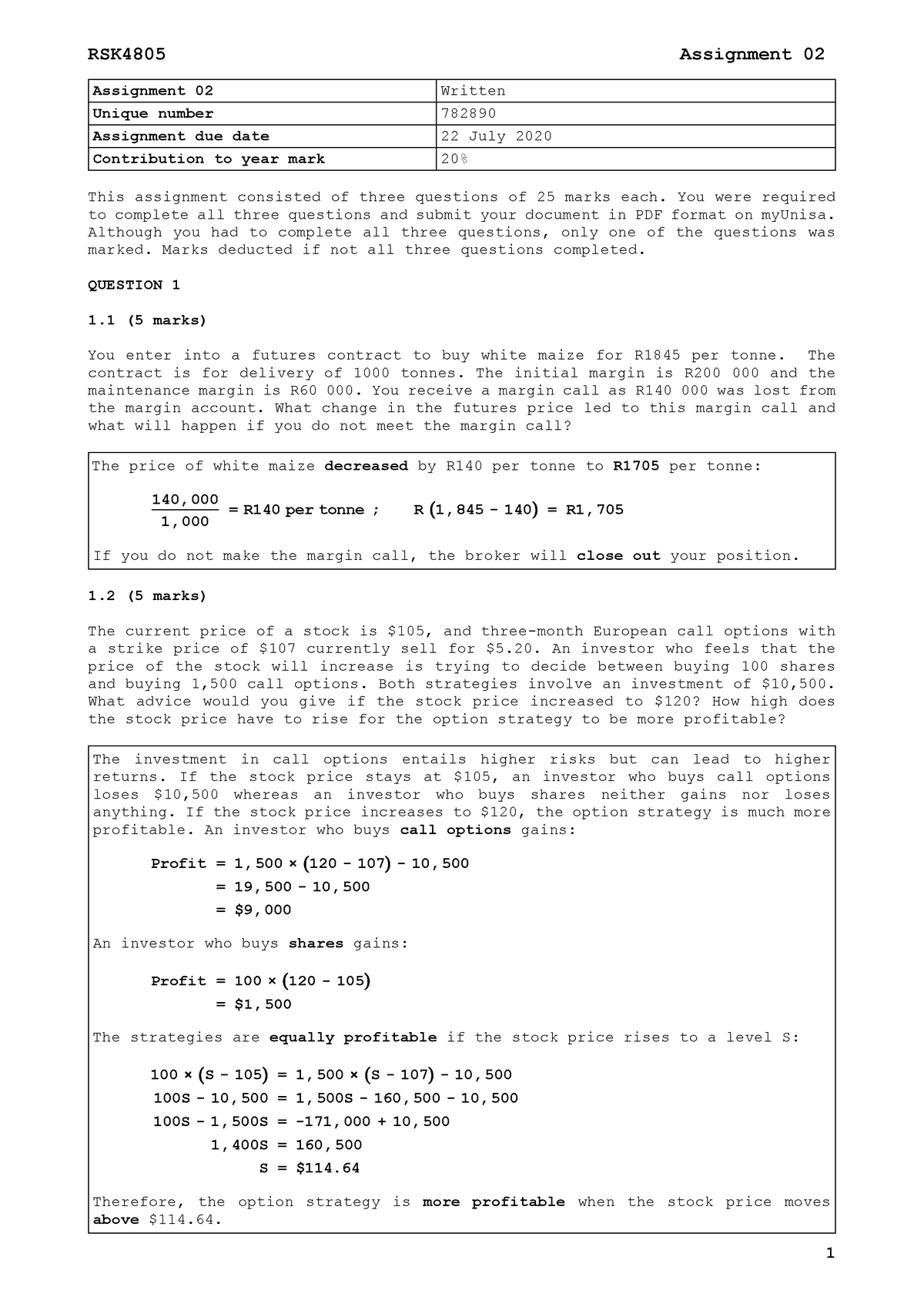 unisa unique assignment number