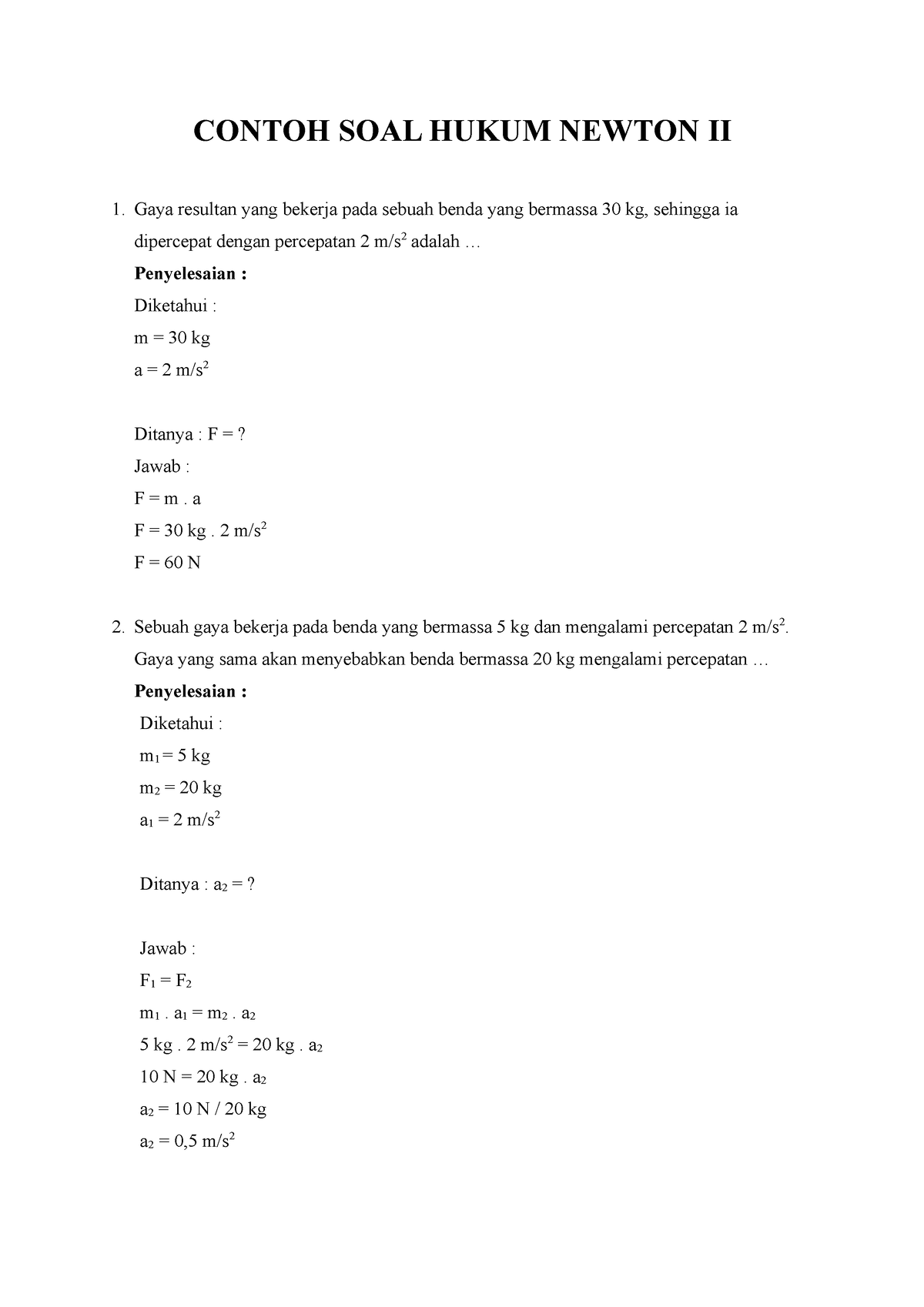 Tugas Kelas X A Contoh SOAL Hukum Newton II - CONTOH SOAL HUKUM NEWTON ...