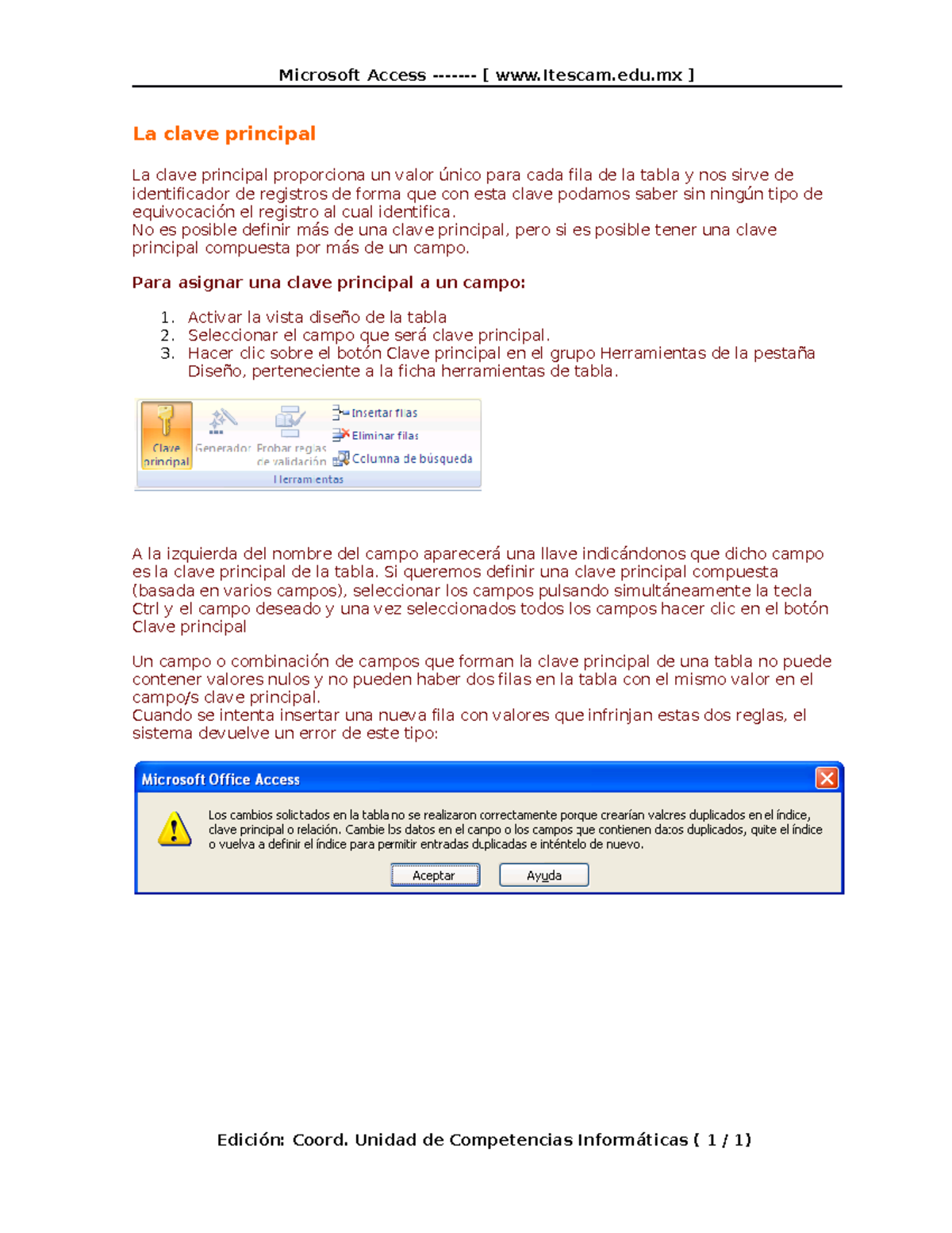 3.1.3 La clave principal Microsoft Access [ Itescam.edu ] La clave
