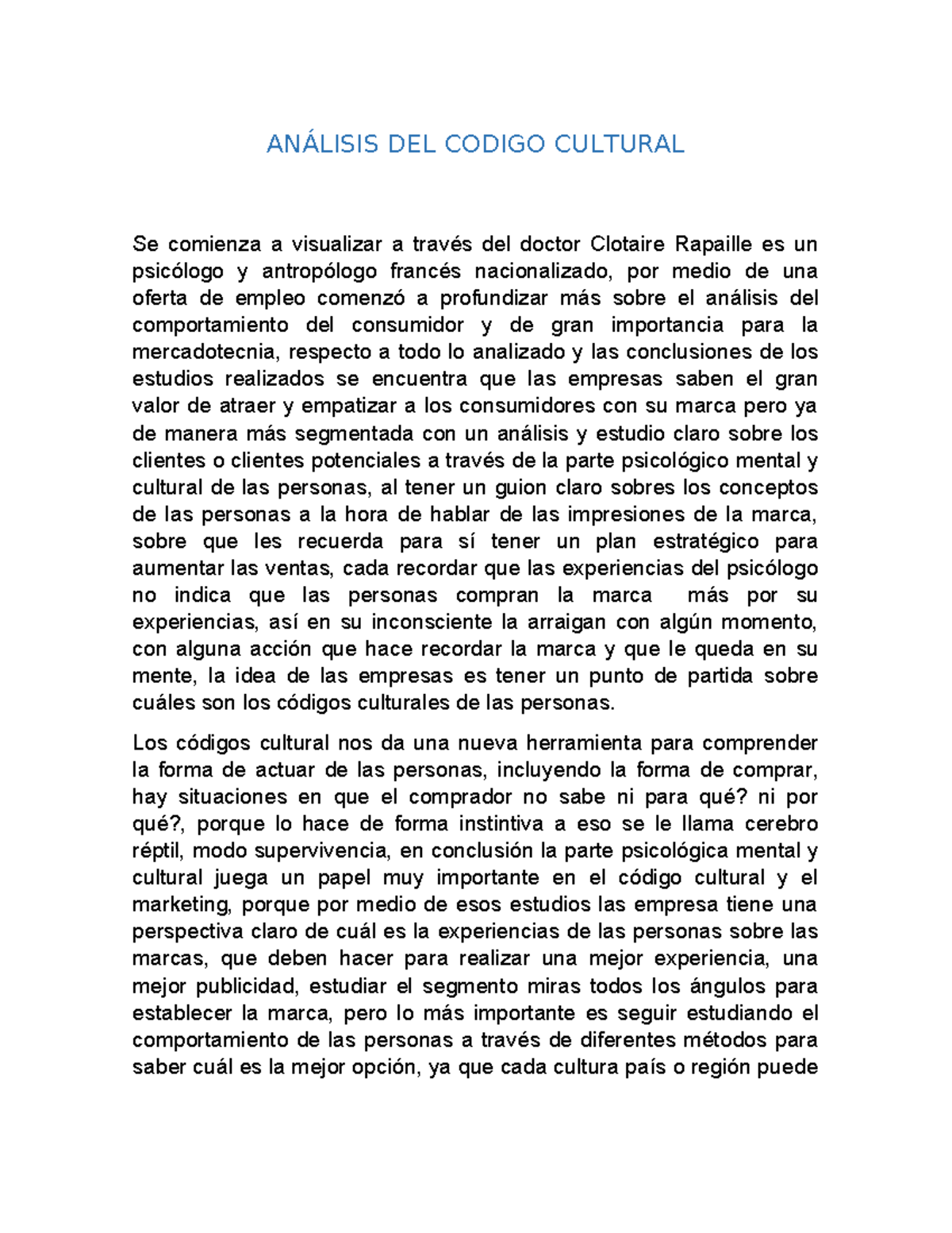Análisis DEL Codigo Cultural - ANÁLISIS DEL CODIGO CULTURAL Se comienza ...