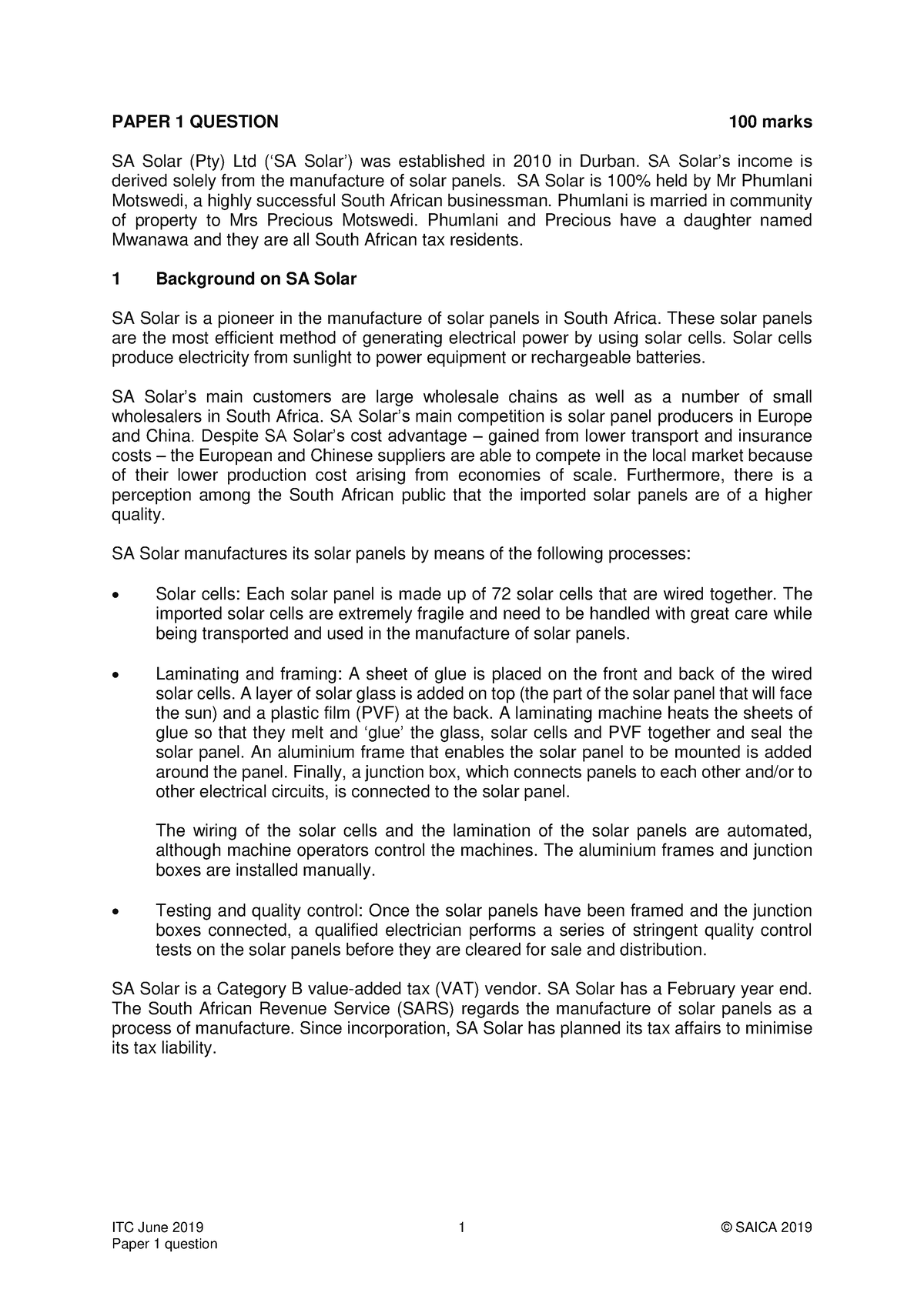 ITC June 2019 Paper 1 Question 1 Solar ITC June 2019 1 © SAICA 2019