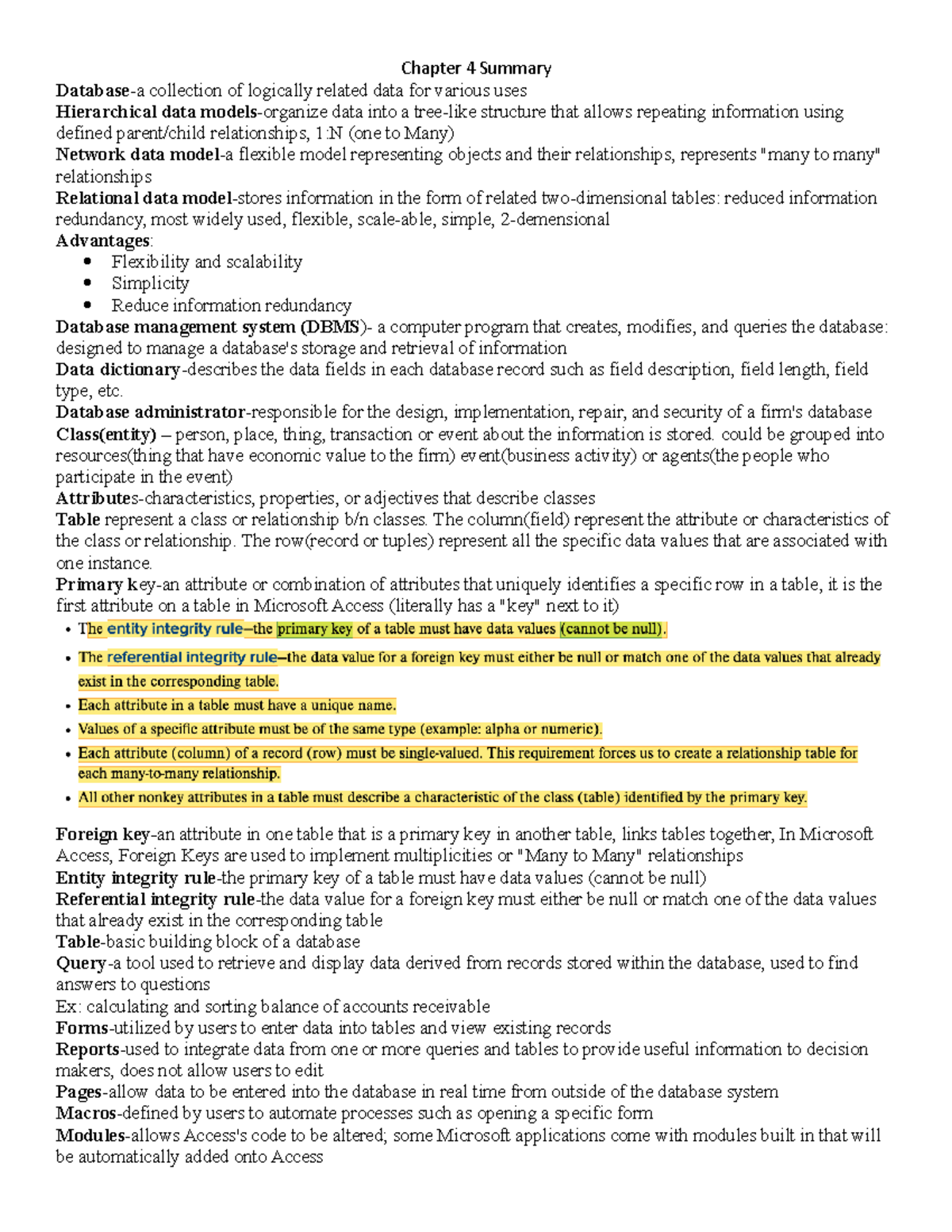 Ch4 Summary Chapter 4 Summary Database a collection of logically