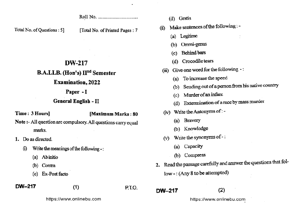 Ballb 2 sem hons general english 2 dw 217 2022 - Roll No. (d) Gratis ...