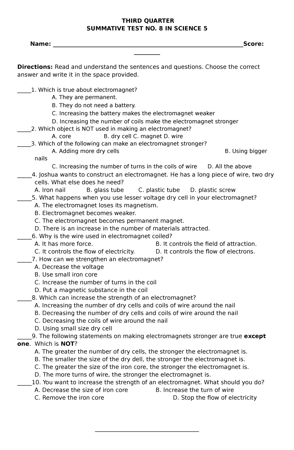 Q3 Science ST8 - THIRD QUARTER SUMMATIVE TEST NO. 8 IN SCIENCE 5 Name ...