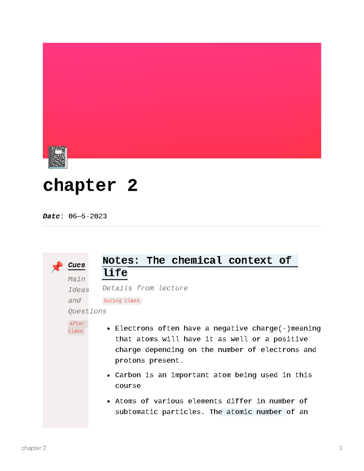 Chapter 2 bio - Á chapter 2 Date: 06—5- º Cues Main Ideas and Questions ...