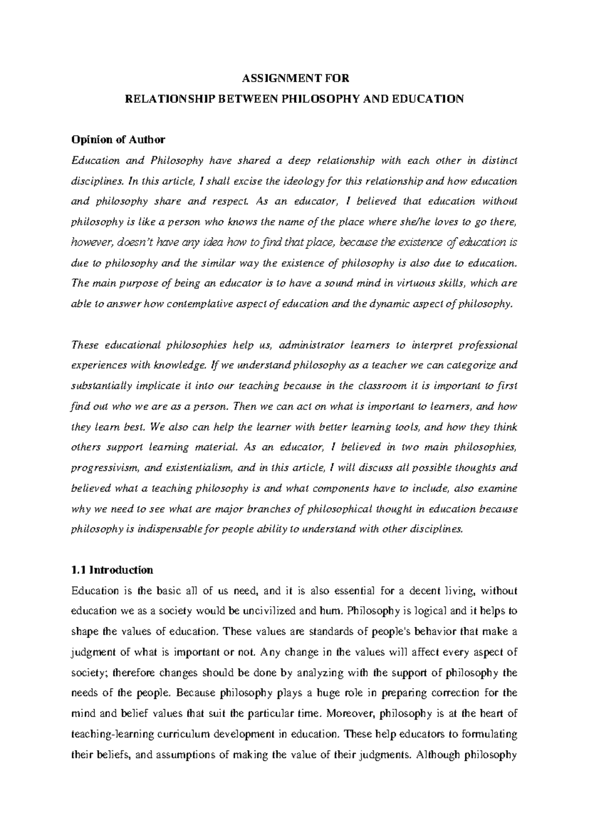 Relationship between philosophy and education - ASSIGNMENT FOR ...