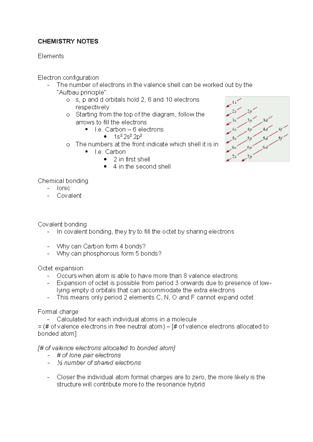 Chemistry Notes - CHEMISTRY NOTES Elements Electron configuration - The ...