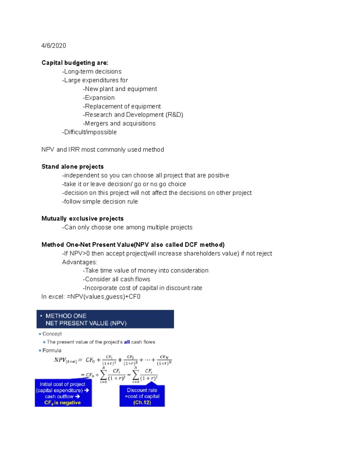 MGF301 Final Exam Notes - 4/6/ Capital budgeting are: -Long-term ...