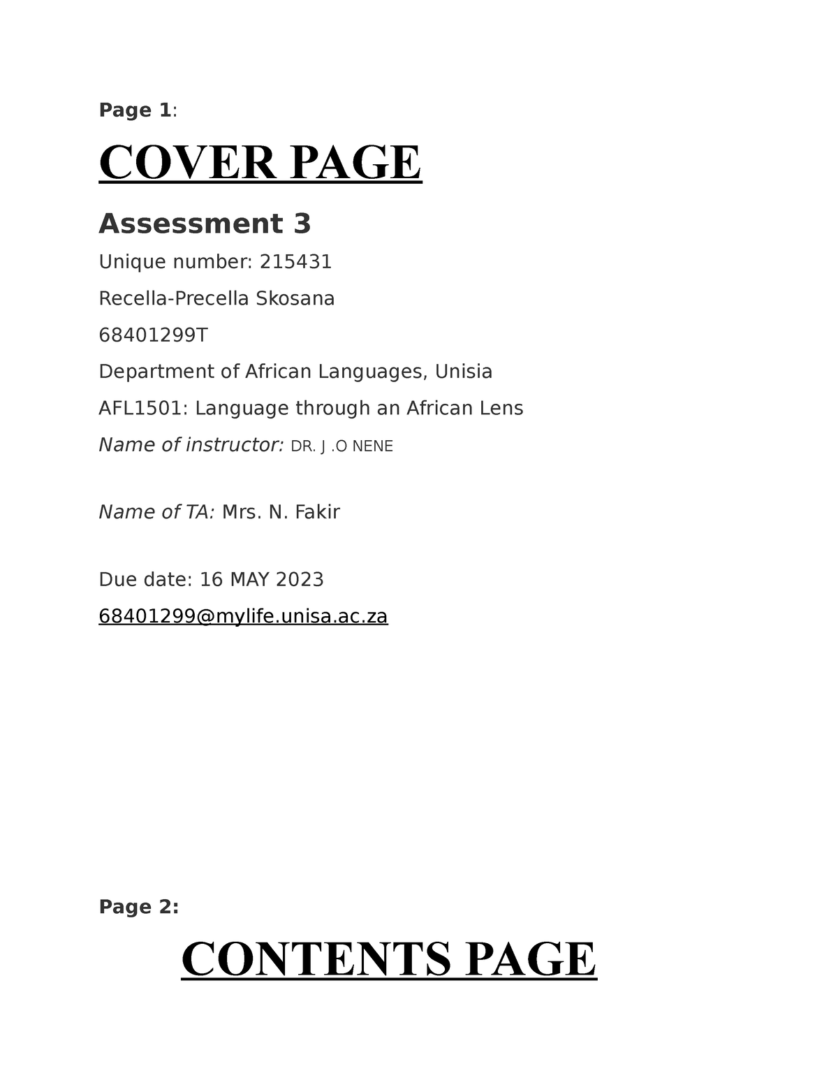 how to write unisa assignment cover page