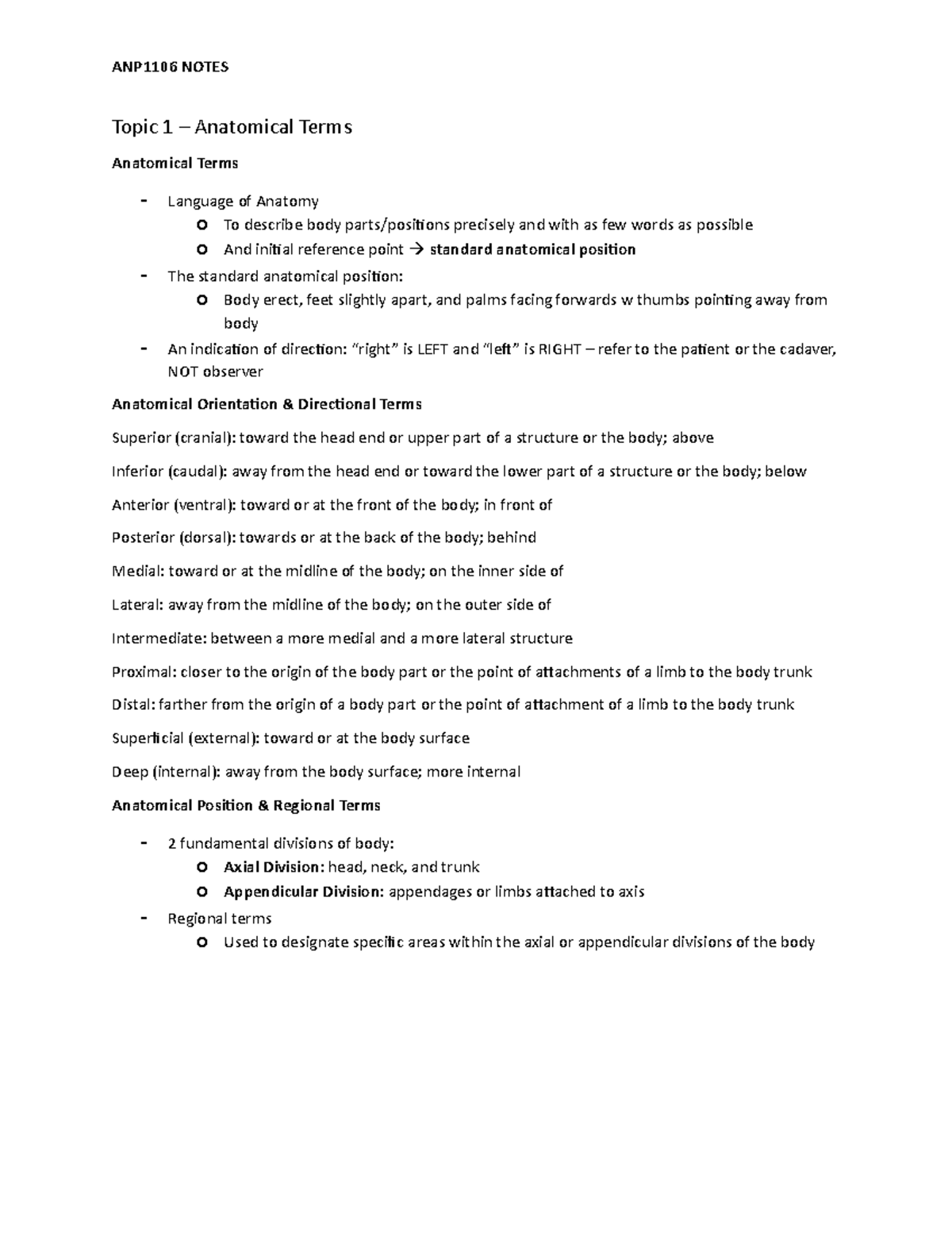 ANP1106 Notes - Winter 2021 - Topic 1 – Anatomical Terms Anatomical ...