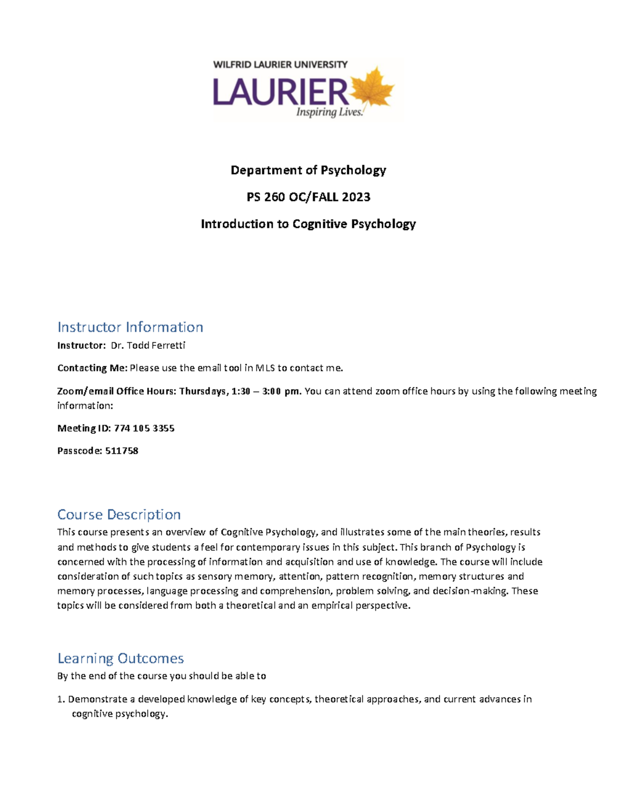 PS260 OC.Fall - Syllabus - Department of Psychology PS 260 OC/FALL 2023 ...