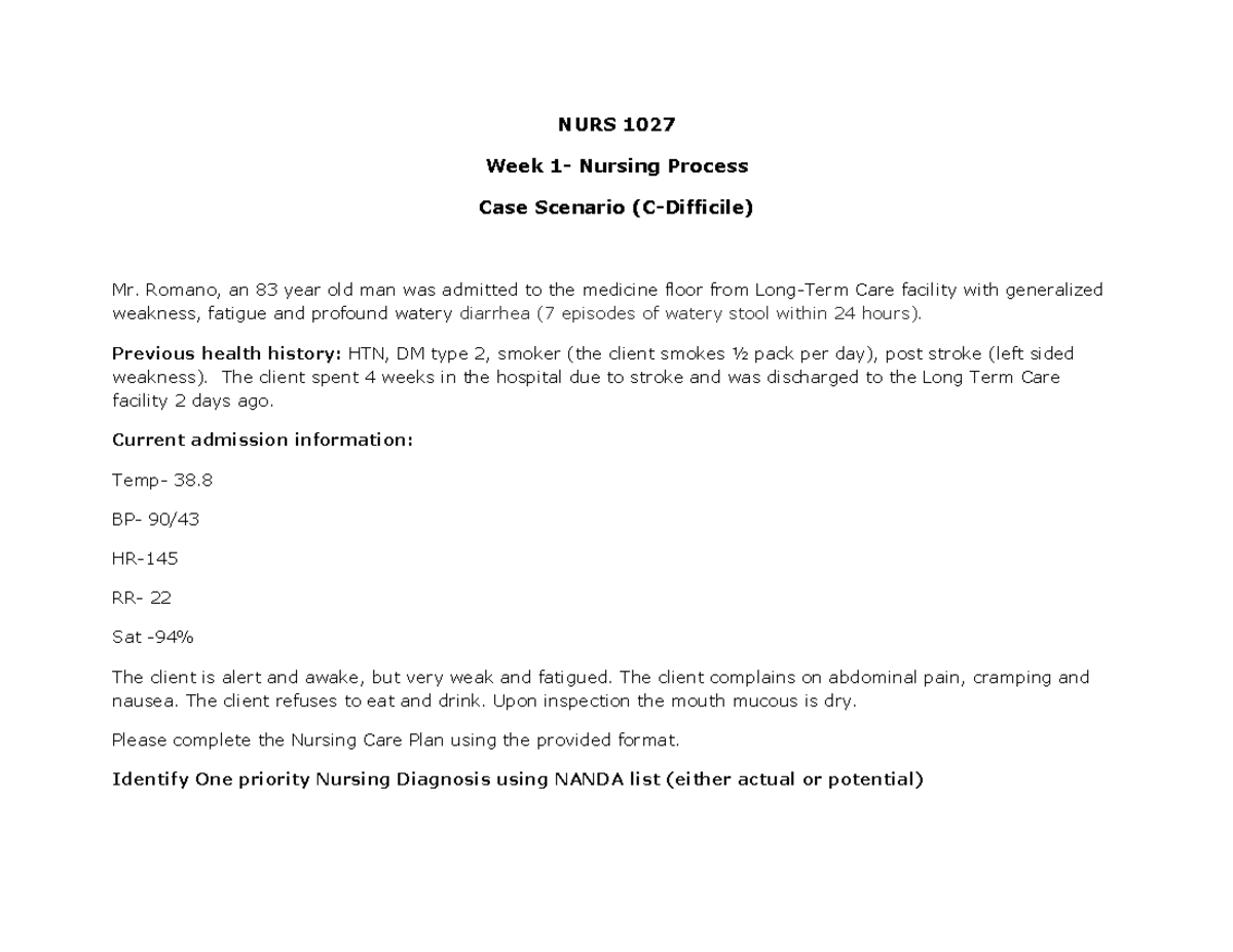 NURS 1027 CDiff Case Scenario ( Nursing Process) Tagged NURS 1027