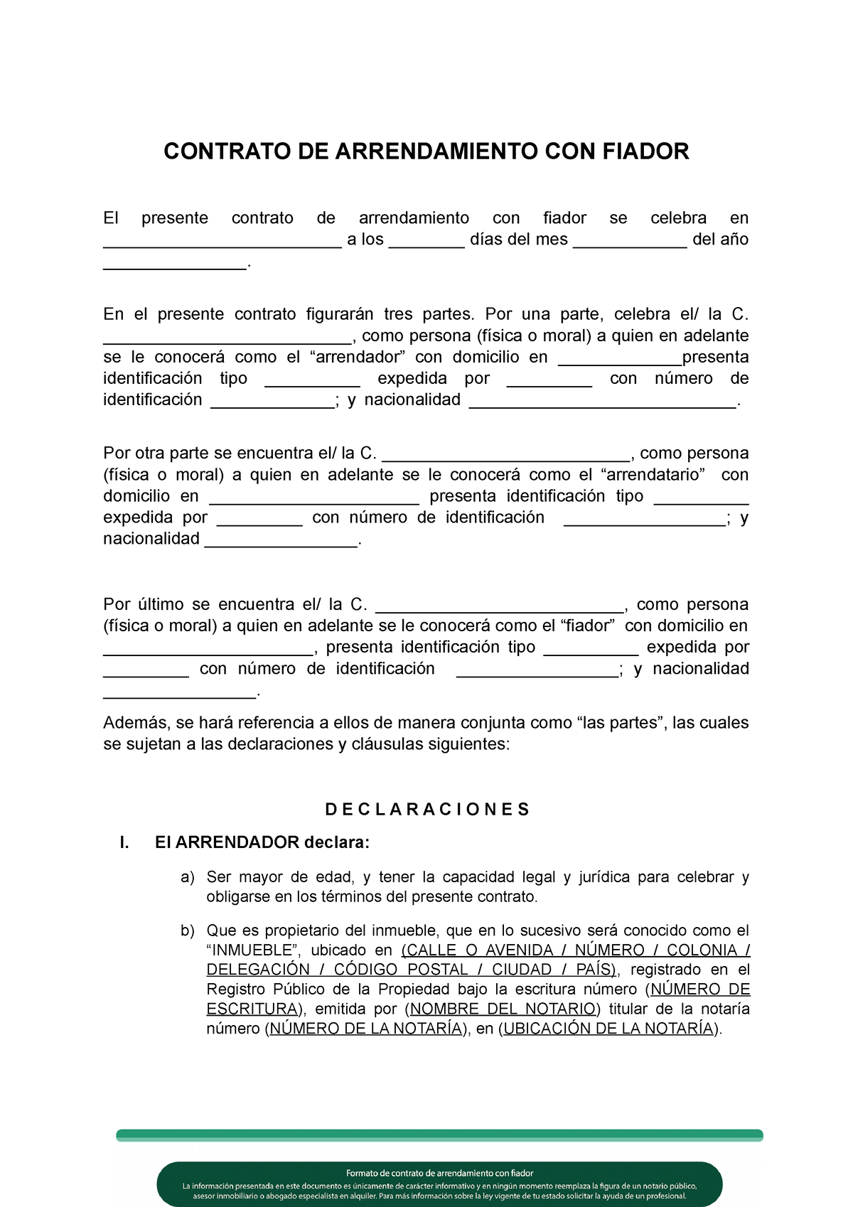Formato de contrato de arrendamiento con fiador Vivo de Mis Rentas -  CONTRATO DE ARRENDAMIENTO CON - Studocu
