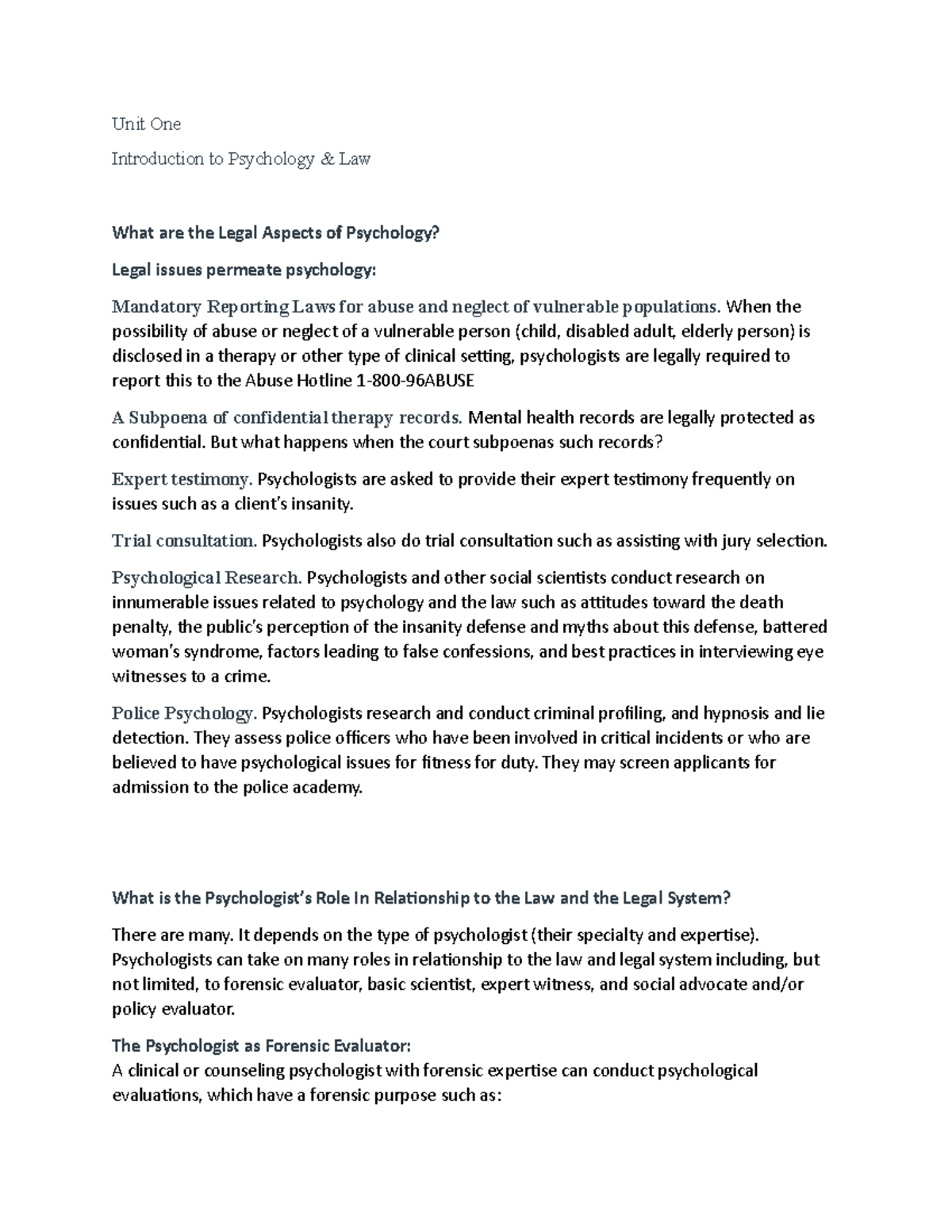 Introduction to Psychology and Law - Unit One Introduction to ...