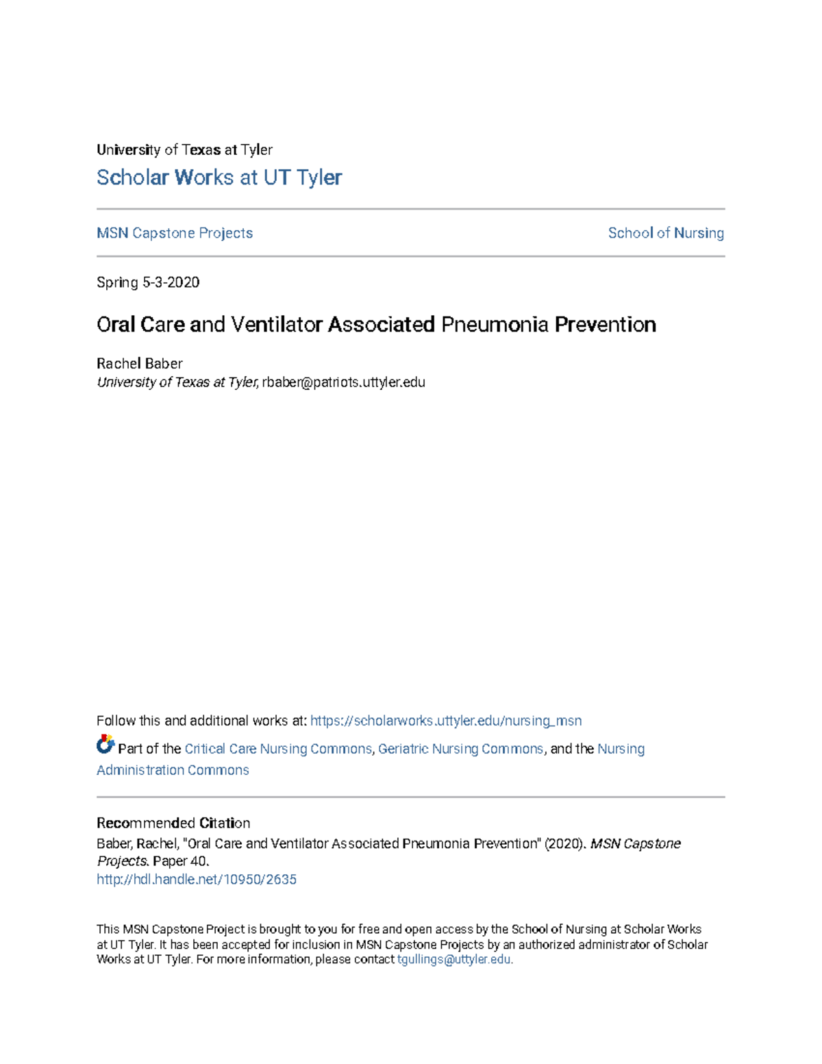 Oral Care and Ventilator Associated Pneumonia Prevention uttyler