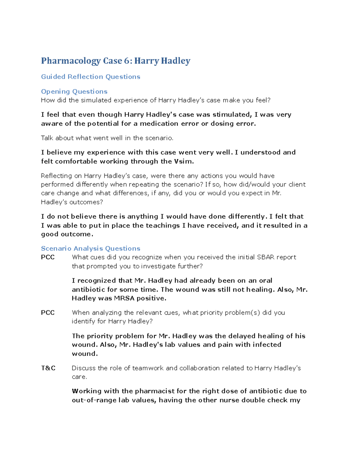 Debriefing-Mr. Hadley - Pharmacology Case 6: Harry Hadley Guided ...