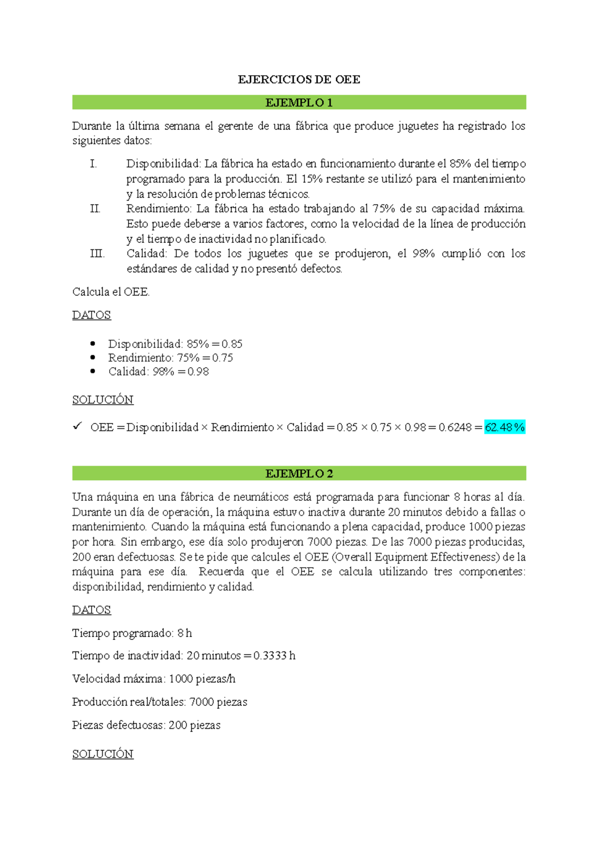 Oee Ejercicios Resueltos | Ejercicios OEECopia de Ejercicios Propuestos ...