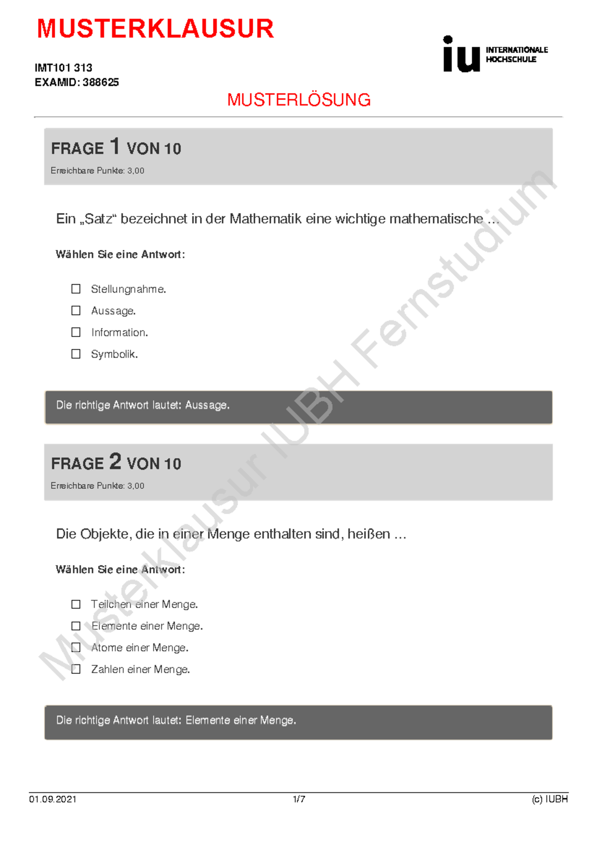 IMT101 Musterlösung - Musterklausur Mit Lösungen - FRAGE 1 VON 10 ...