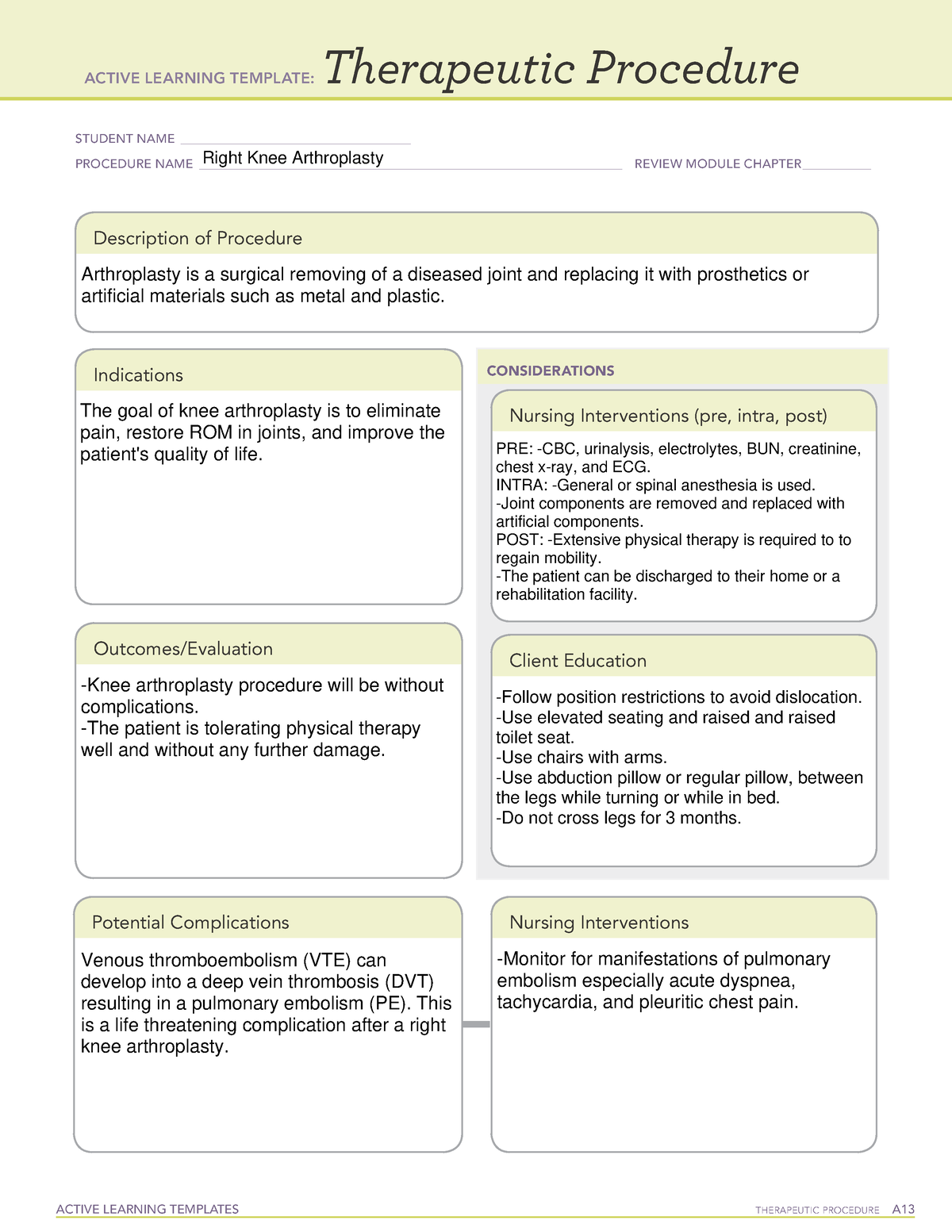 Right Knee Arthroplasty - ACTIVE LEARNING TEMPLATES THERAPEUTIC ...