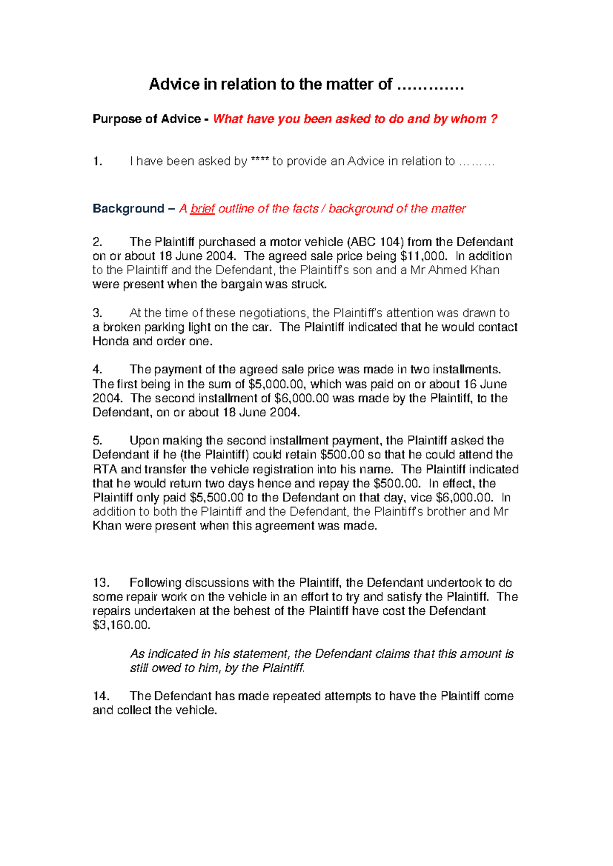 Example of an Advice - advoc - Advice in relation to the matter of ...