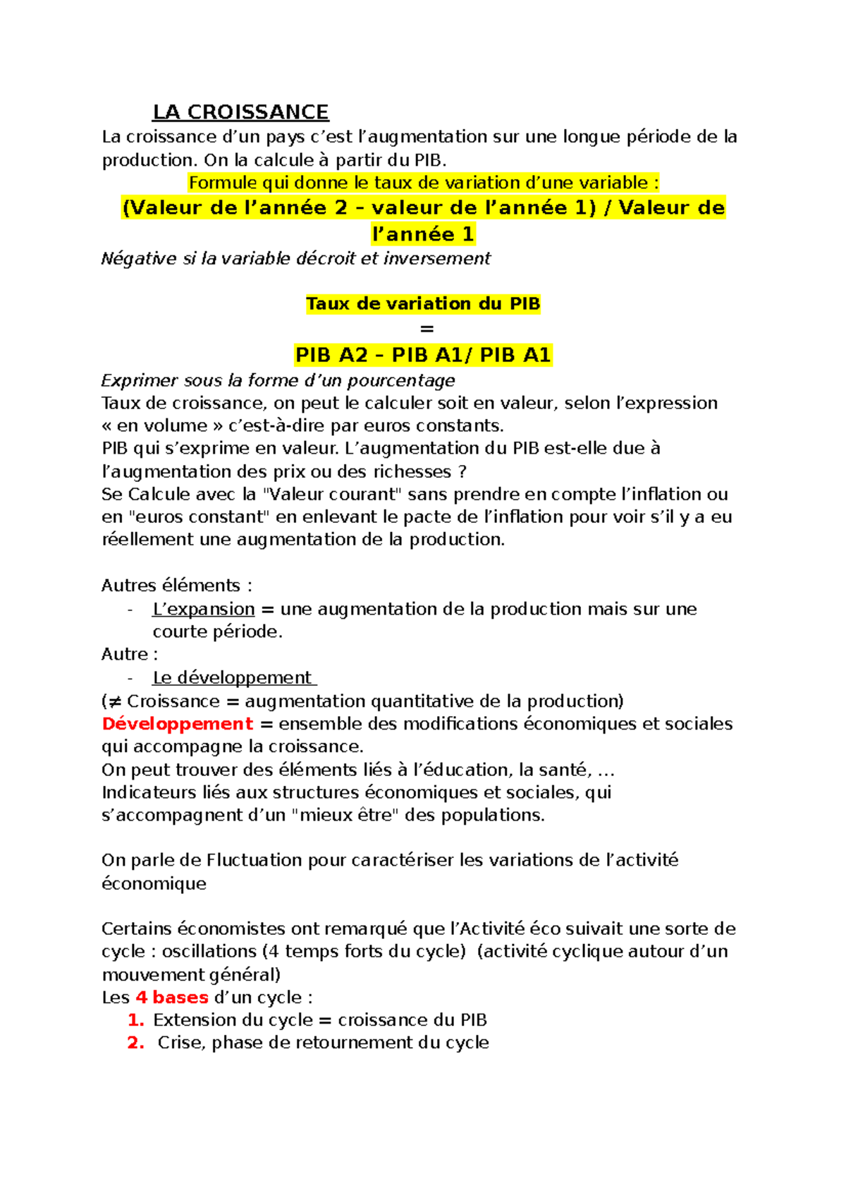 LA Croissance - Notes de cours Notes de cours - LA CROISSANCE La ...