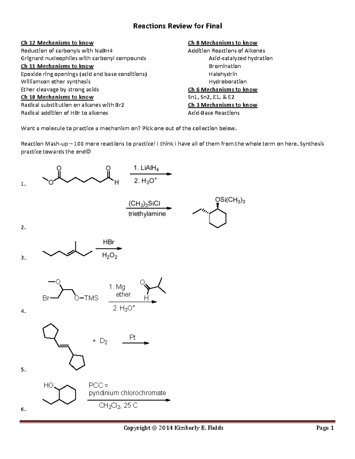 Reactions Practice for Final - Reactions Review for Final Ch 12 ...