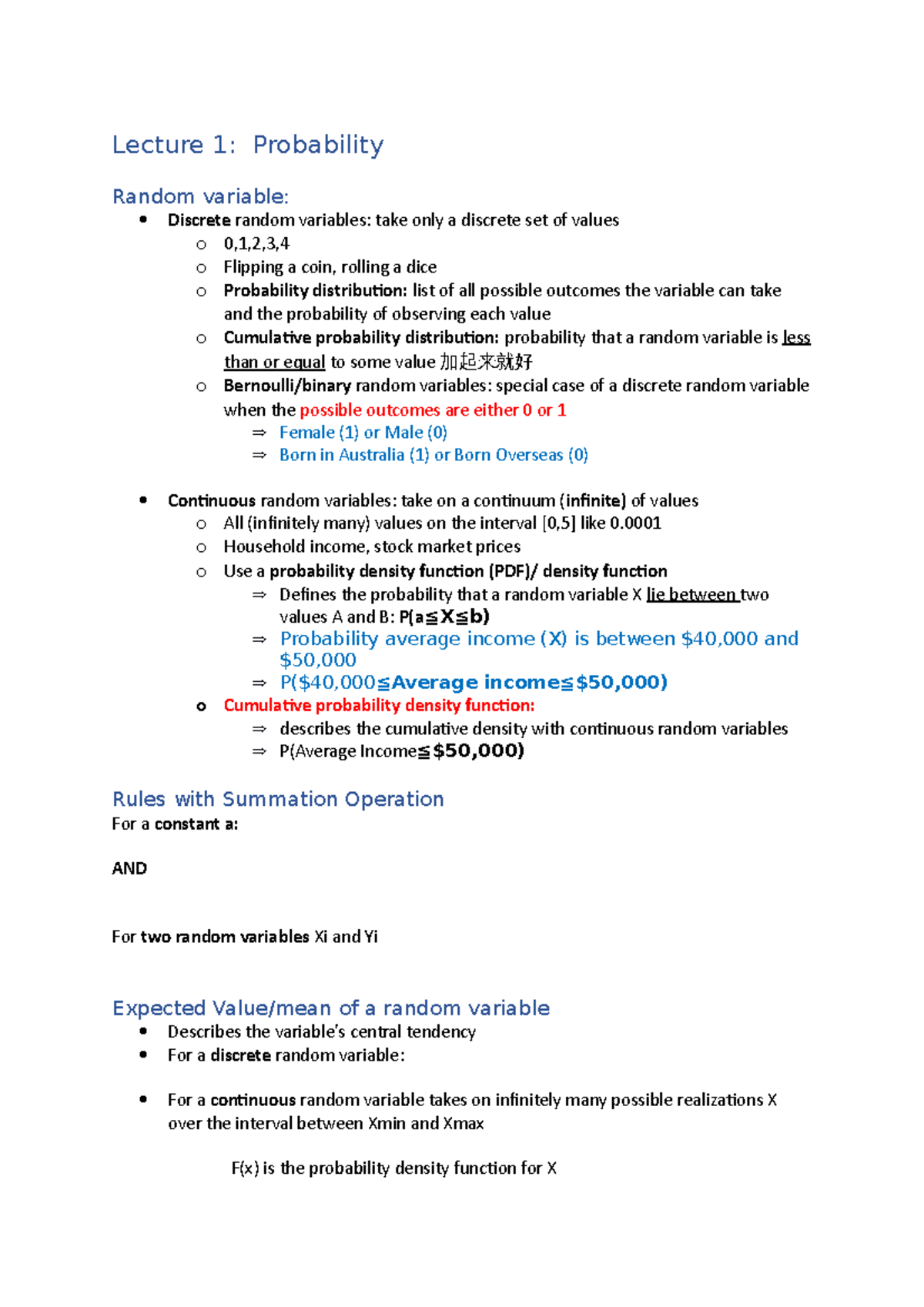 Lecture. Summary - Lecture 1: Probability Random Variable: Discrete ...