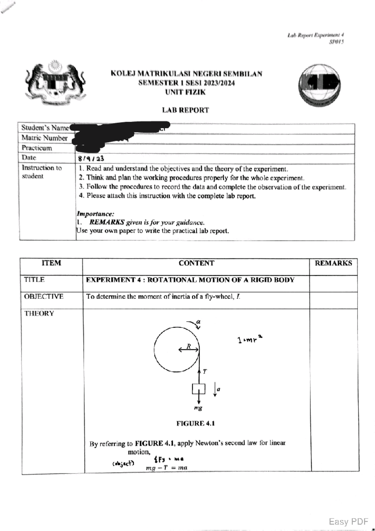 lab report experiment rotational motion of a rigid body