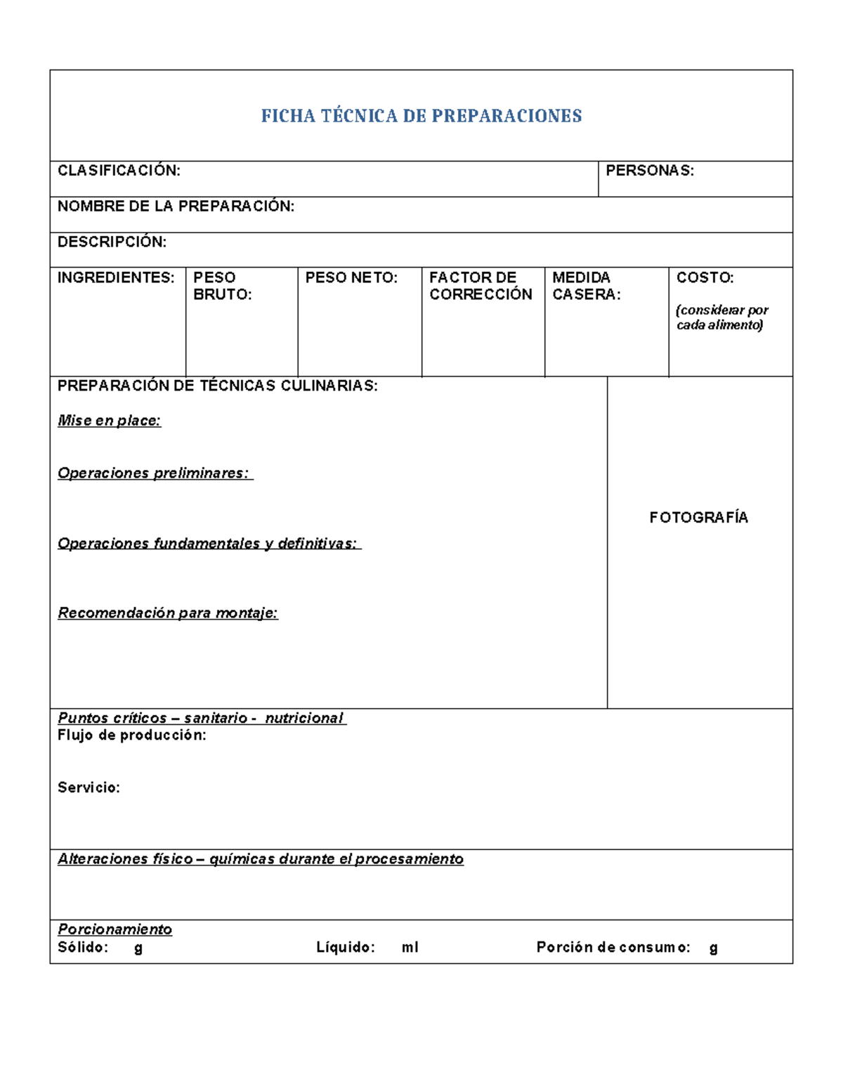 Formato Ficha T Cnica Mise And Place Ficha T Cnica De Preparaciones