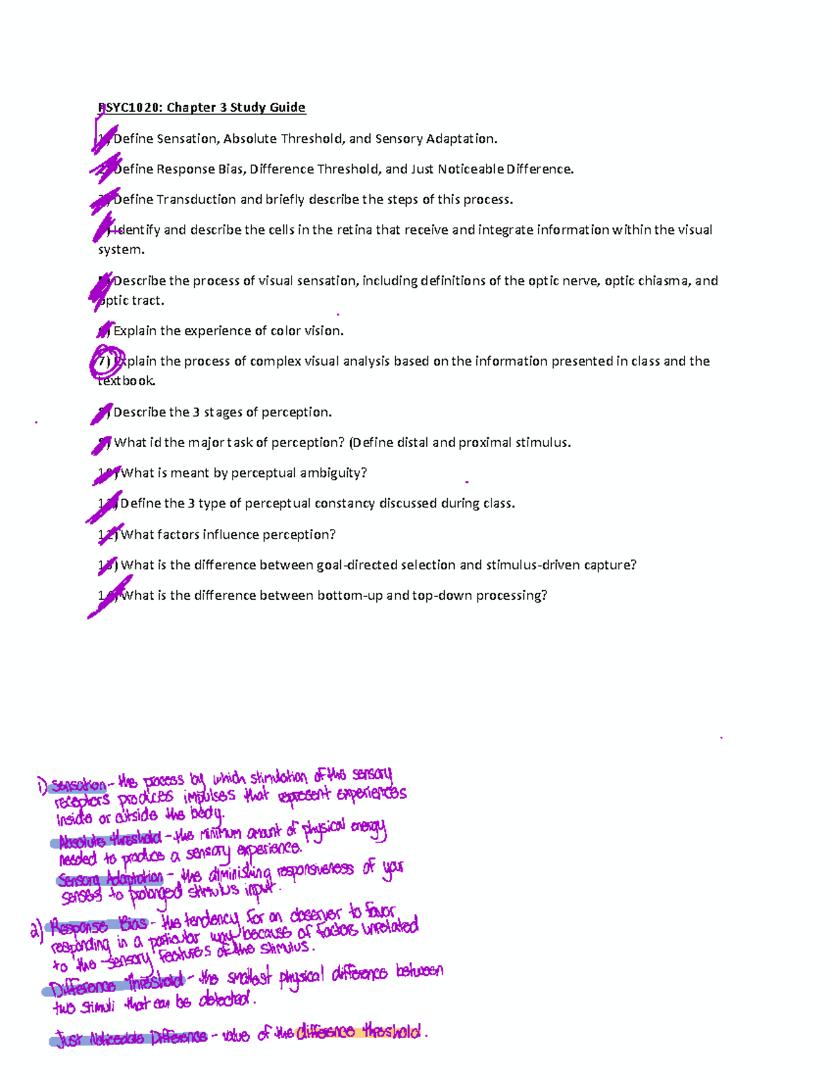 Psych ch 3 PSYC1020 Chapter 3 Study Guide Define Sensation, Absolute