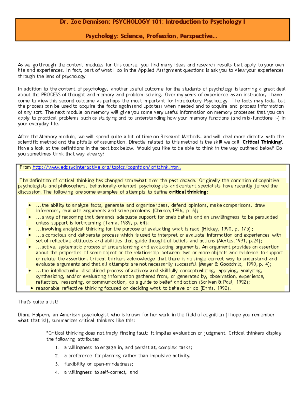 101 Module One Science Profession Perspective File Three Dr. Zoe