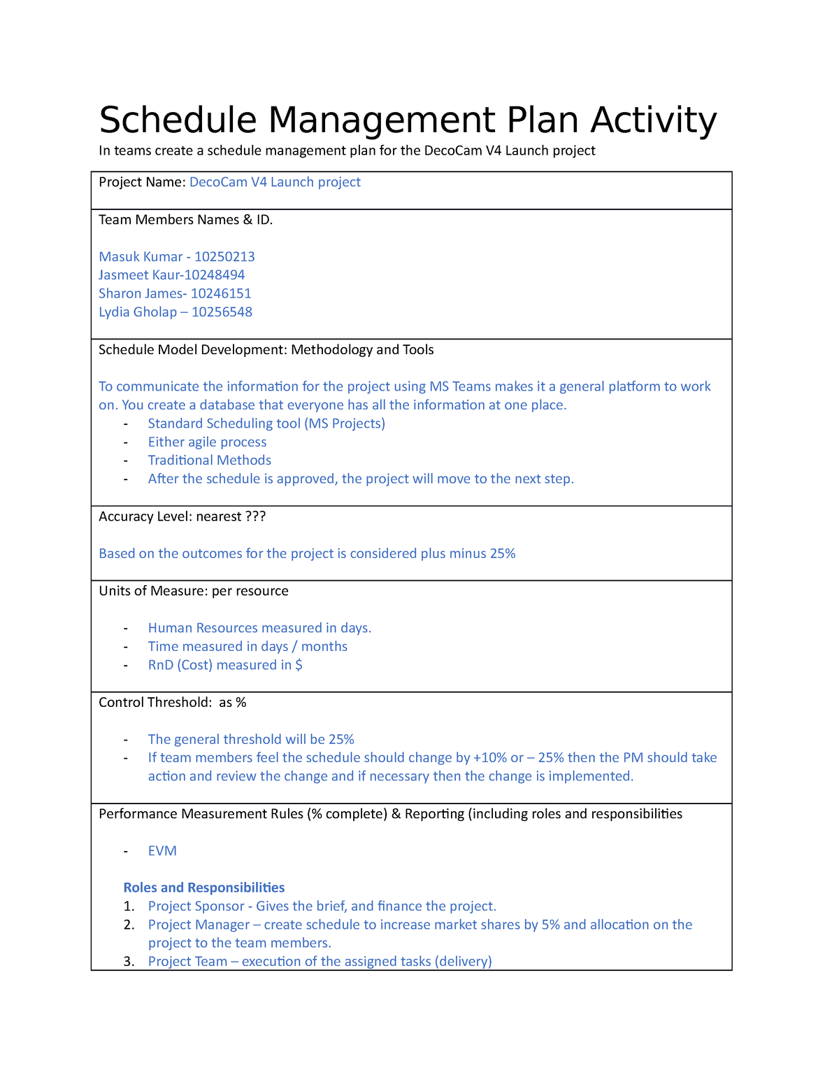 MGMT183 01 Seminar Assignment 2 - Schedule Management Plan Activity In ...