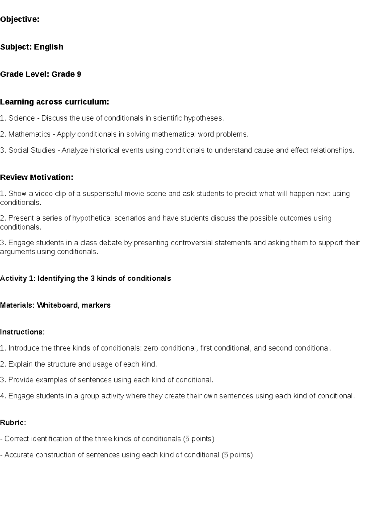 Lesson plan - FOR REFERENCES - Objective: Subject: English Grade Level ...