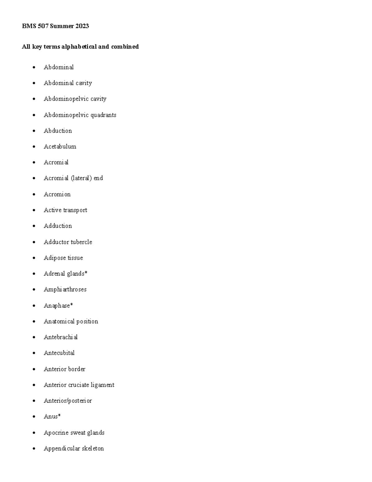 BMS 507 Midterm key terms wordbank alphabetical for practical BMS 507