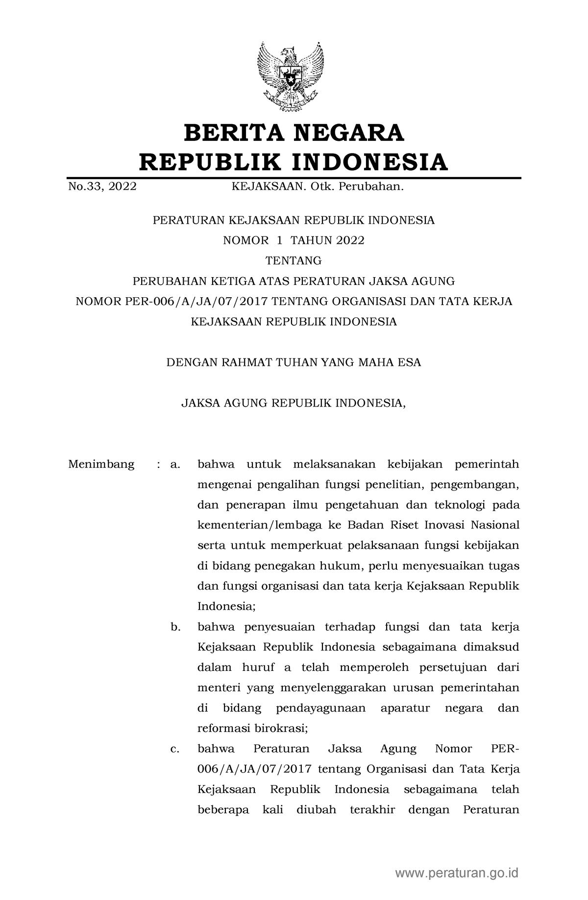 Peraturan Kejaksaan No. 1 Tahun 2022 - BERITA NEGARA REPUBLIK INDONESIA ...