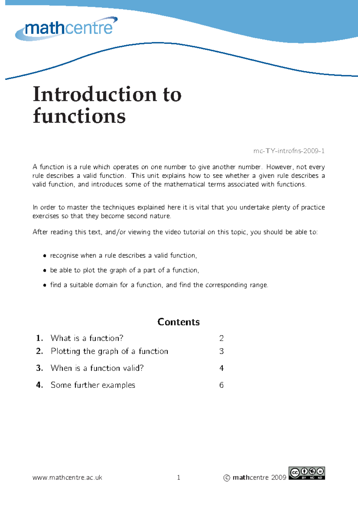Mc TY introfns 2009 1 - One to - Introduction to functions A function ...